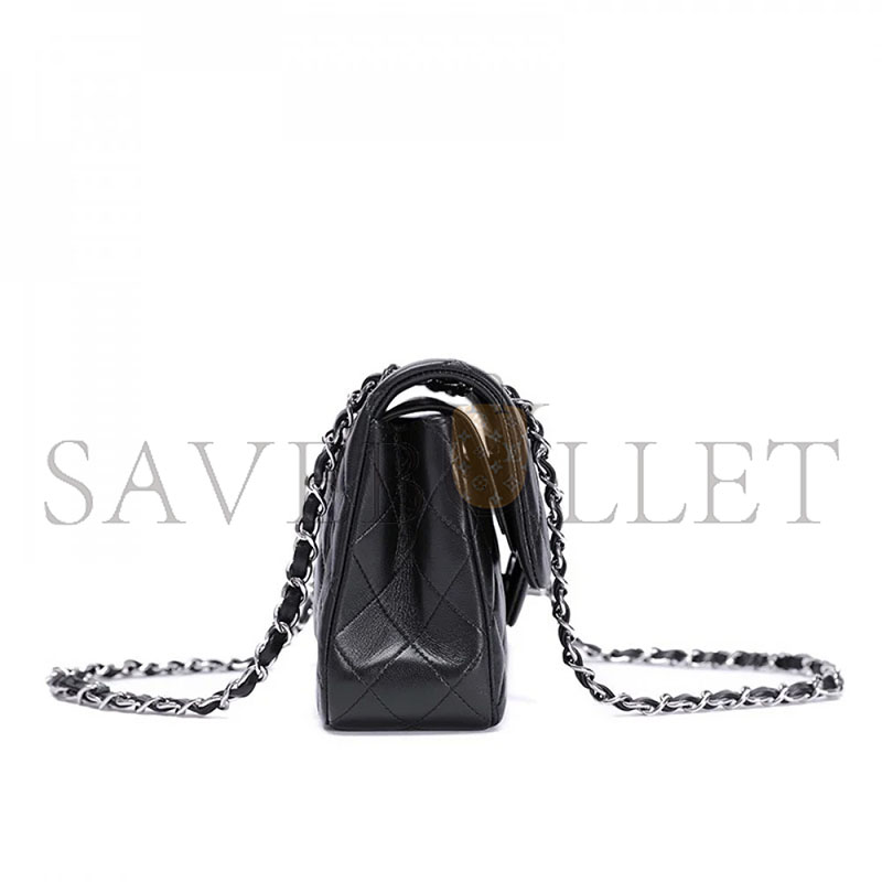 CHANEL MASTER  SMALL CLASSIC DOUBLE FLAP BLACK LAMBSKIN SILVER HARDWARE A01113 (23*14.5*6cm)