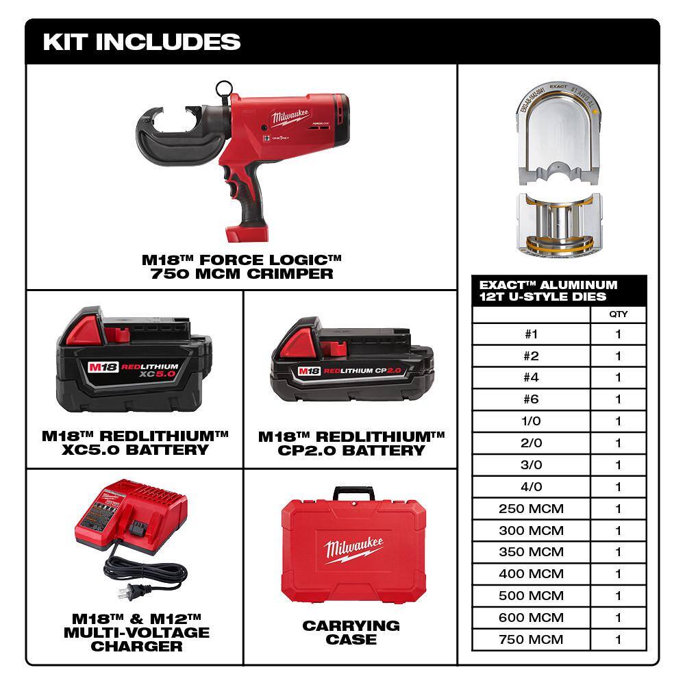 M18 18V Lithium-Ion Cordless FORCE LOGIC 750 MCM Crimper Kit with EXACT #6 750 MCM Al Dies