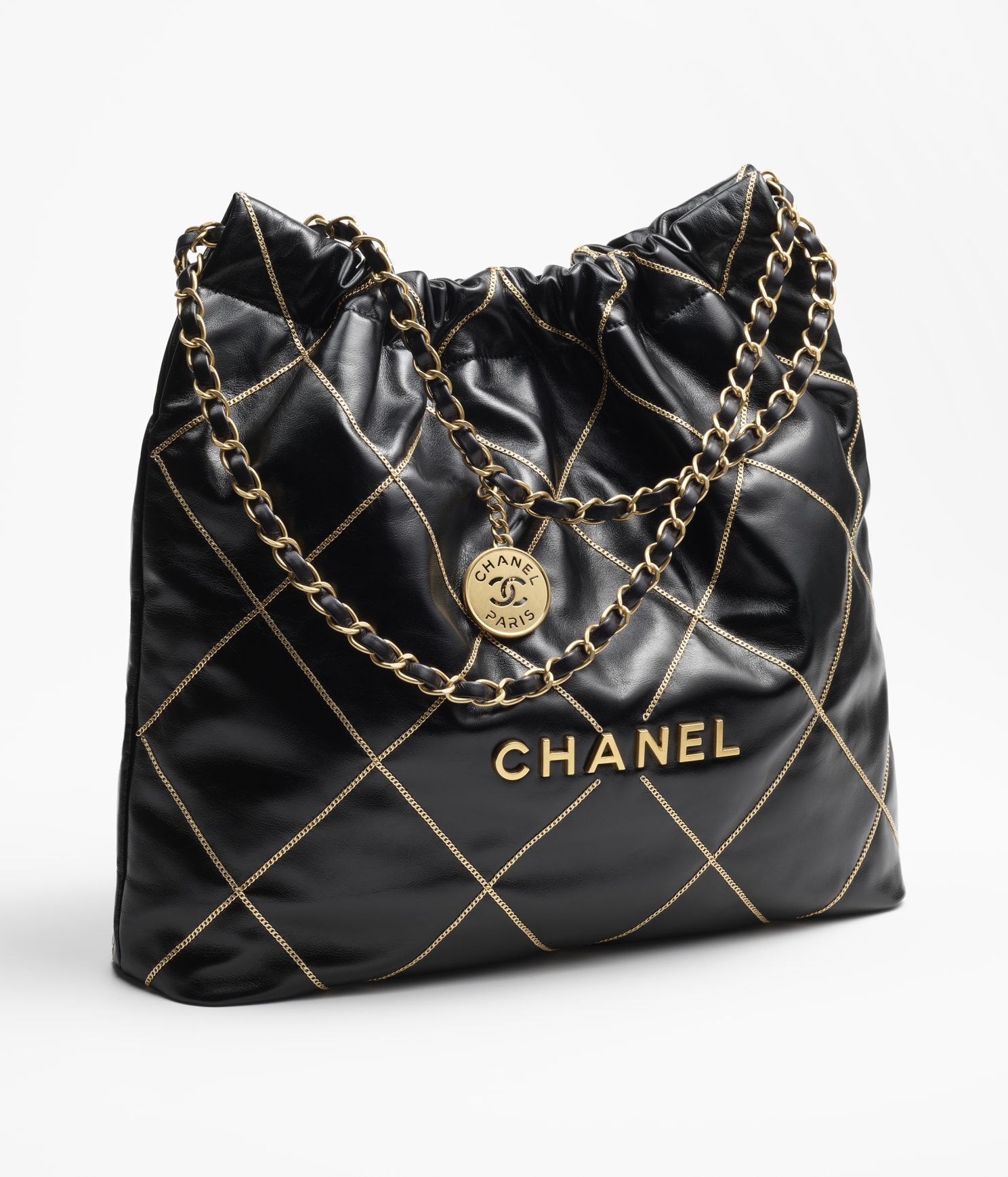 CHANEL 22 HANDBAG Shiny Calfskin & Gold-Tone Metal Black