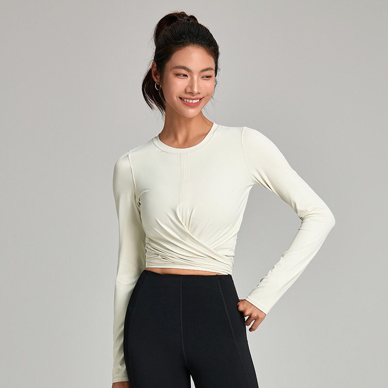 Round Neck Tie Hem Womens Sports Long Sleeve Top