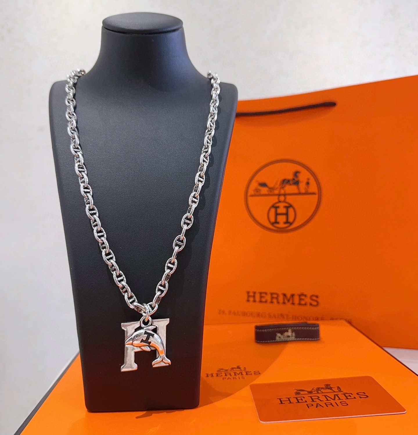 TOP HERMES H Long Necklace-Sliver