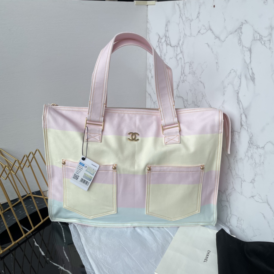 TOP CHANEL Tote Shopping Bag 45×30×9.5 cm - Light Pink, Light Yellow & Light Blue