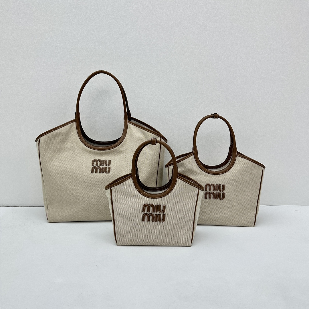 TOP Miu Miu Isedan Tote Bag Canvas with Calfskin 22x14x11cm/28x26x12.5cm/38x38x18cm - Beige
