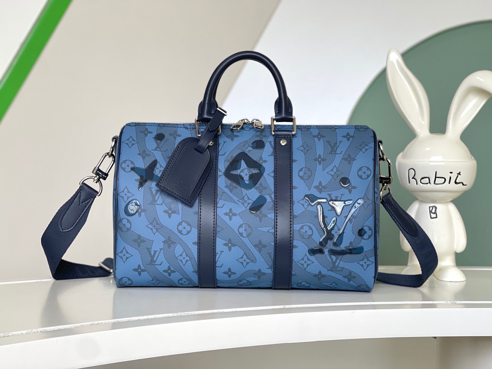 TOP Louis Vuitton LV  Keepall Bandoulière 35 Monogram Aquagarden Canvas Handbag 34x21x16cm-Blue