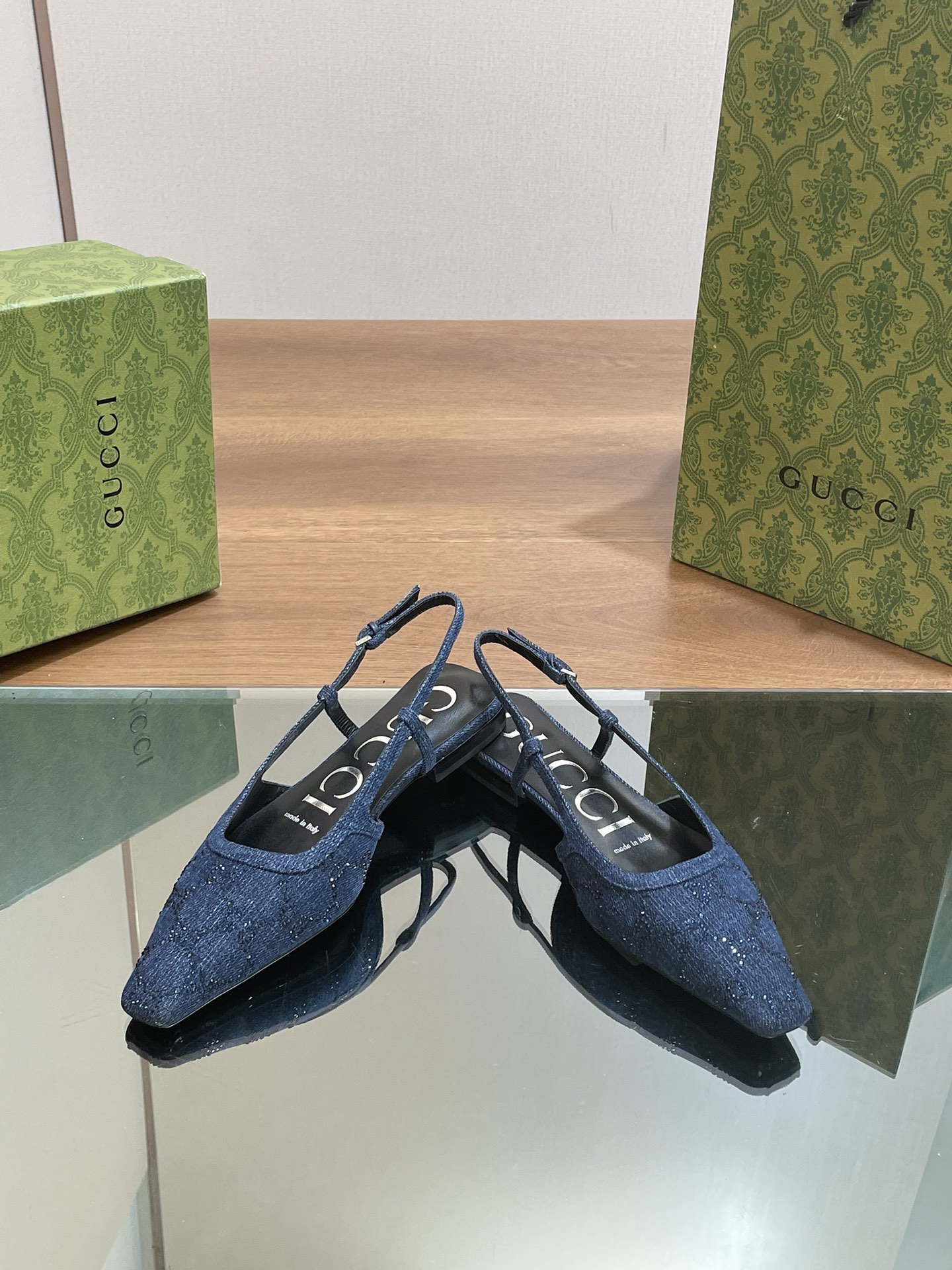 TOP GUCCI GG Rhinestones Flat/Mid Heel/High Heel Mules - Denim