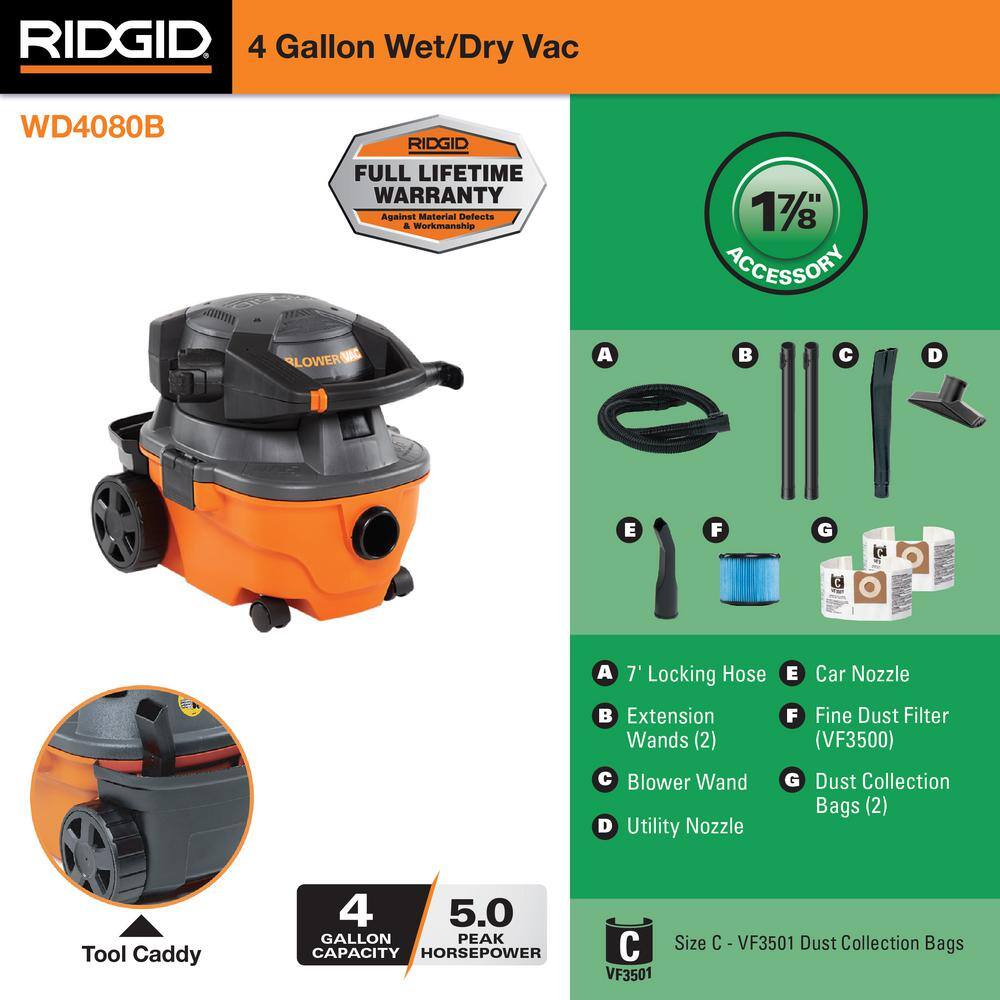 4 Gallon 6.0 Peak HP Shop Vac Wet Dry Vacuum with Detachable Blower, Fine Dust Filter, Dust Bags, Hose and Accessories