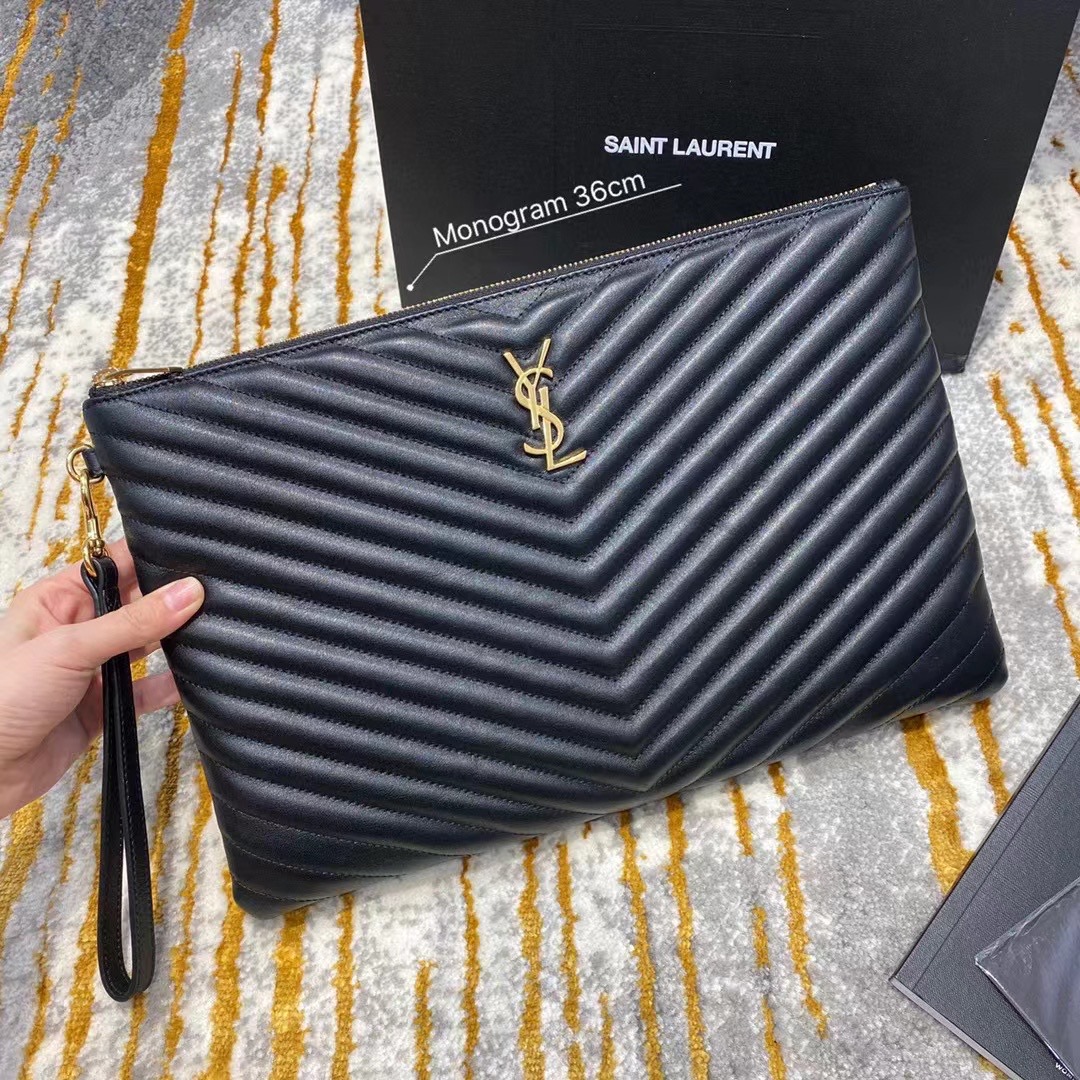 TOP Yves Saint Laurent YSL Cassander Matelasse A5 Pouch in Grain DE Pouder Embossed  Leather