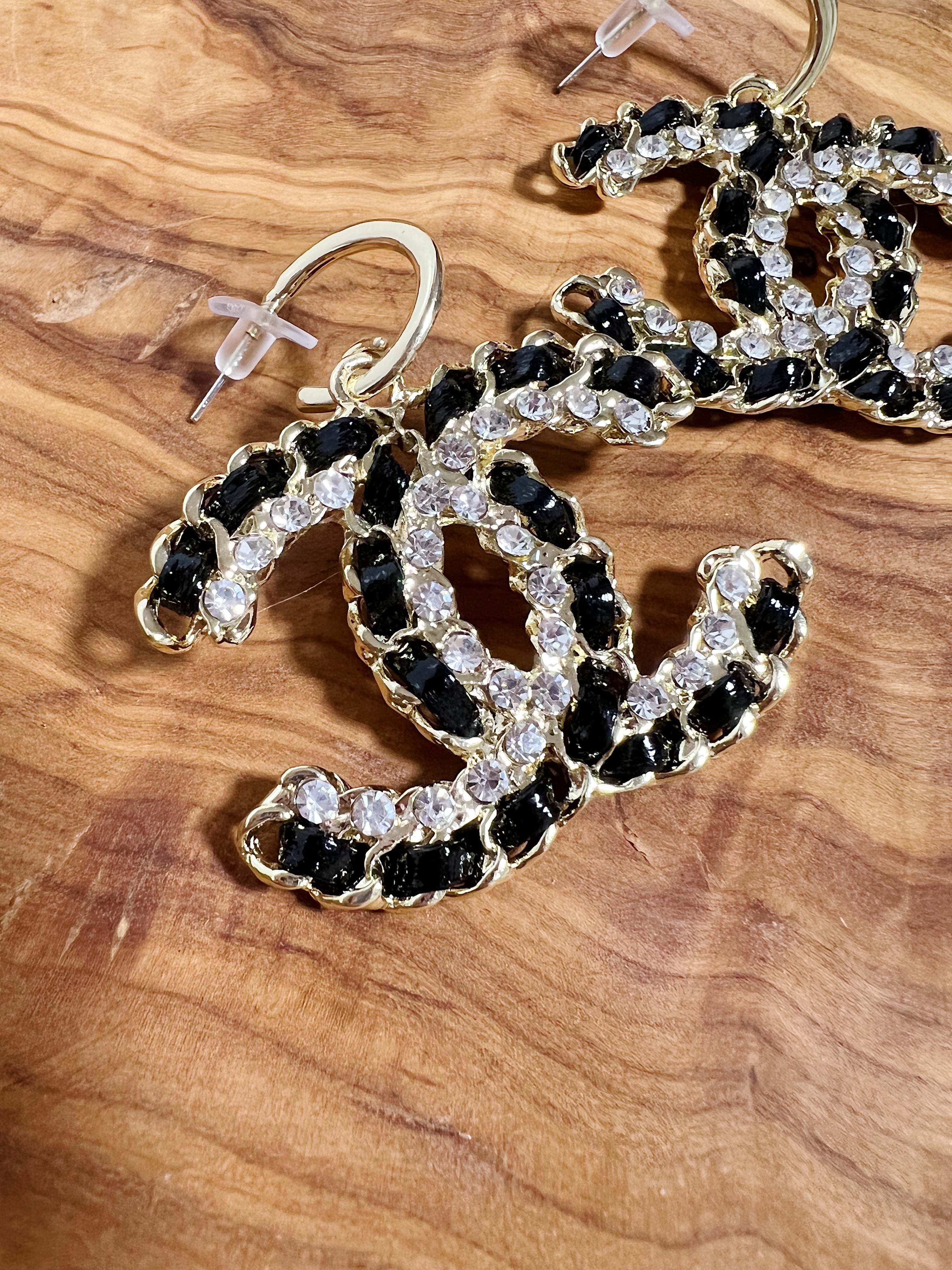 TOP CHANEL Dangle Hoop Earrings W Stones - Black