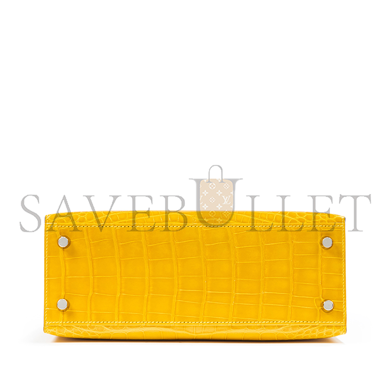 HERMÈS KELLY 25 NILE CROCODILE LEATHER AMBER YELLOW SILVER BUCKLE (25*17*7cm)