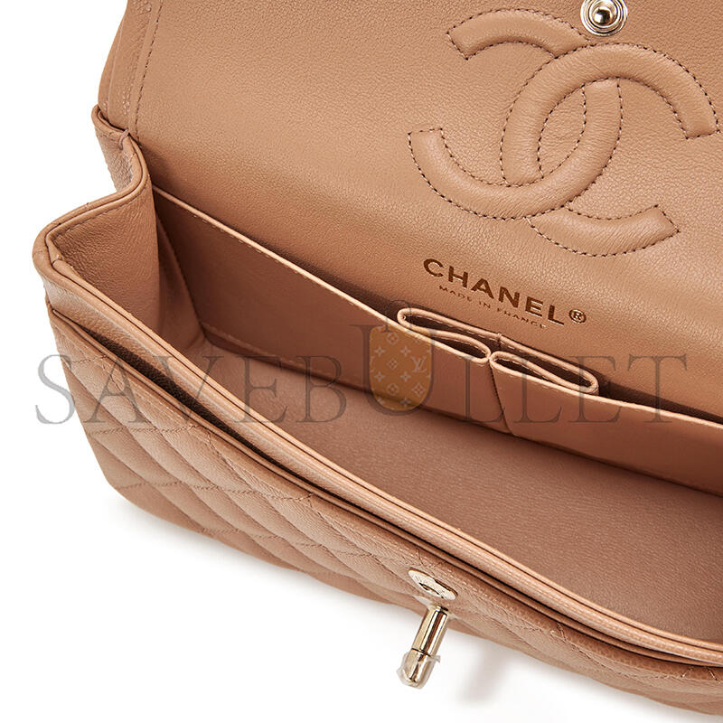 CHANEL QUILTED CAVIAR SMALL CLASSIC DOUBLE FLAP BAG DARK BEIGE 203204 (23*14.5*6cm)