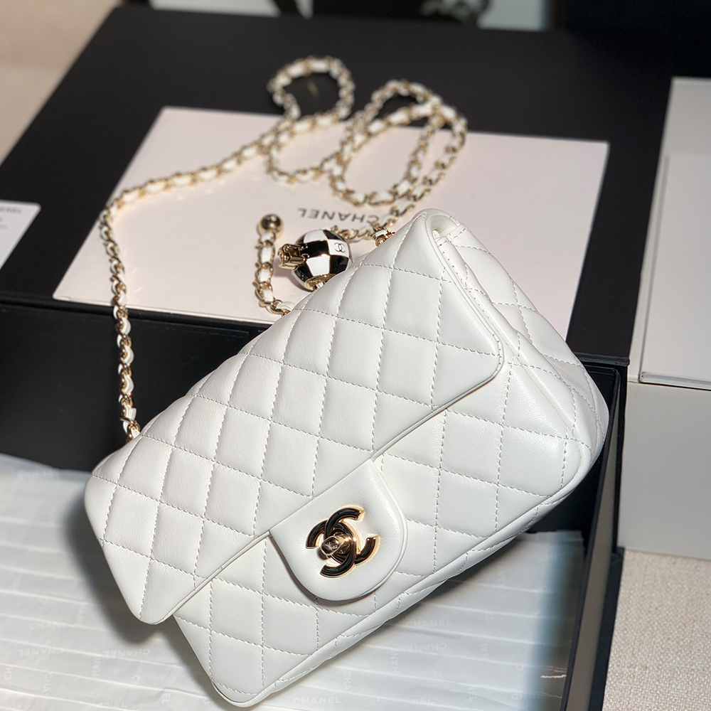 Chanel Classic Flag Bag Pearl Crush Mini Square Flap Bag White   Light Gold Hardware