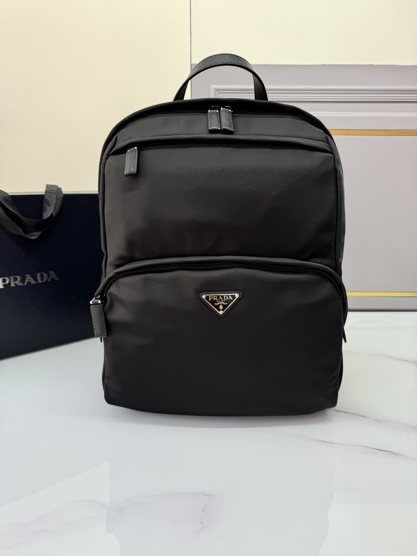 TOP PRADA Nylon and Saffiano Leather Backpack 30×39×15cm - Black