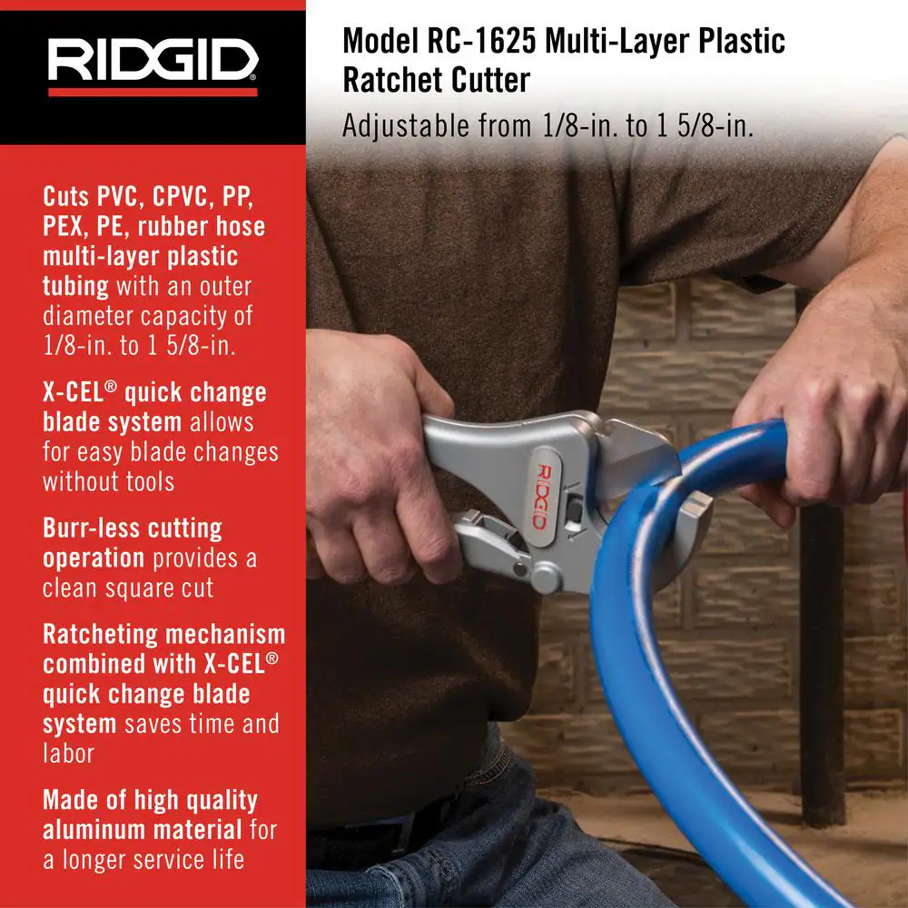 1/8 in. - 1-5/8 in. RC-1625 Aluminum Ratchet Action Plastic Pipe and Tubing Cutter, Tool for Multilayer Tubing Jobs