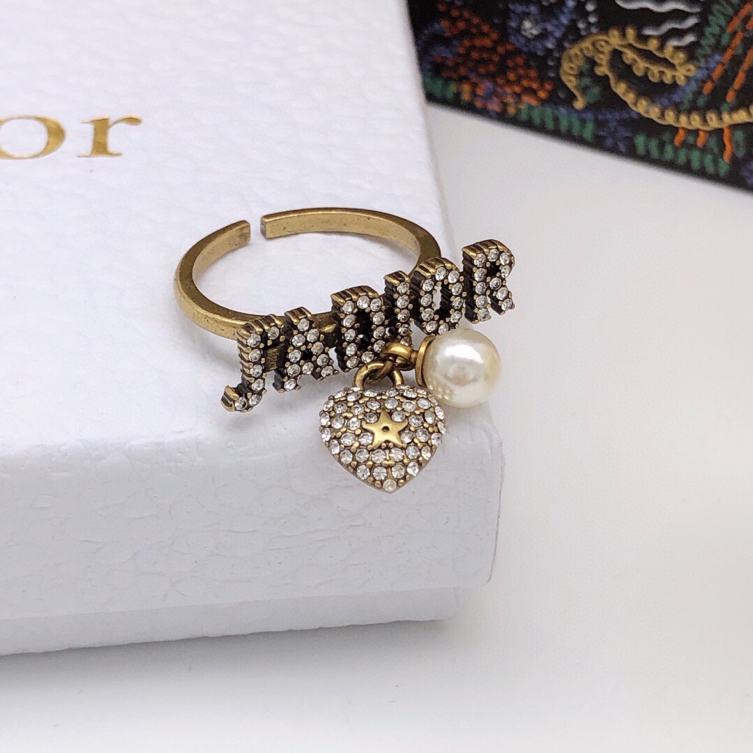 TOP Christian Dior R letter with diamonds open Rings - Brass