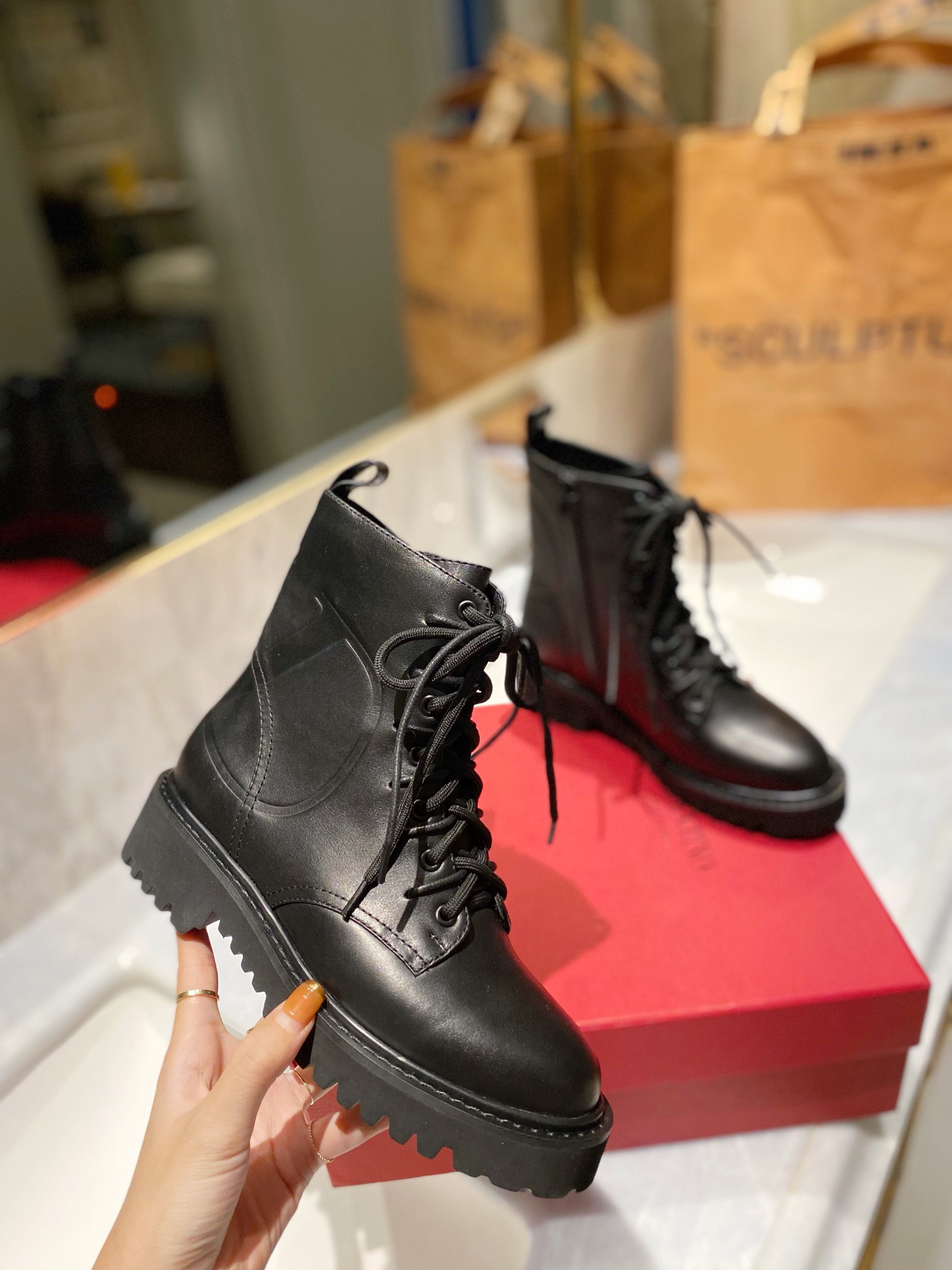 TOP VALENTINO 3.5cm Low Heel Cowhide Short Boots  - Black