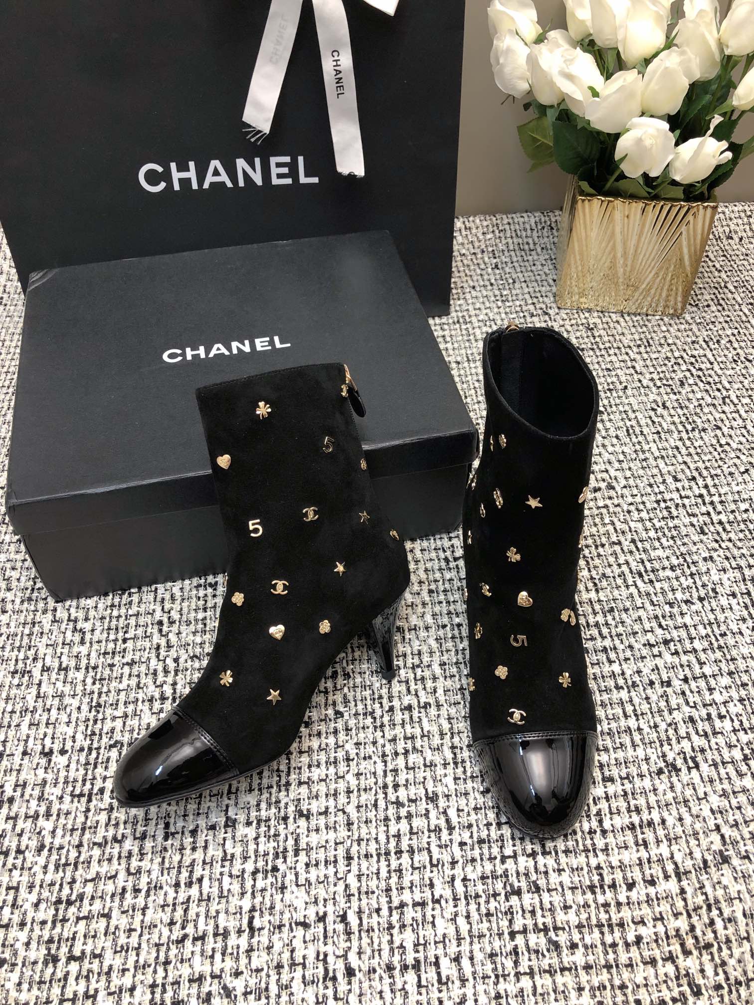 TOP CHANEL Sheepskin Short Boots - Black