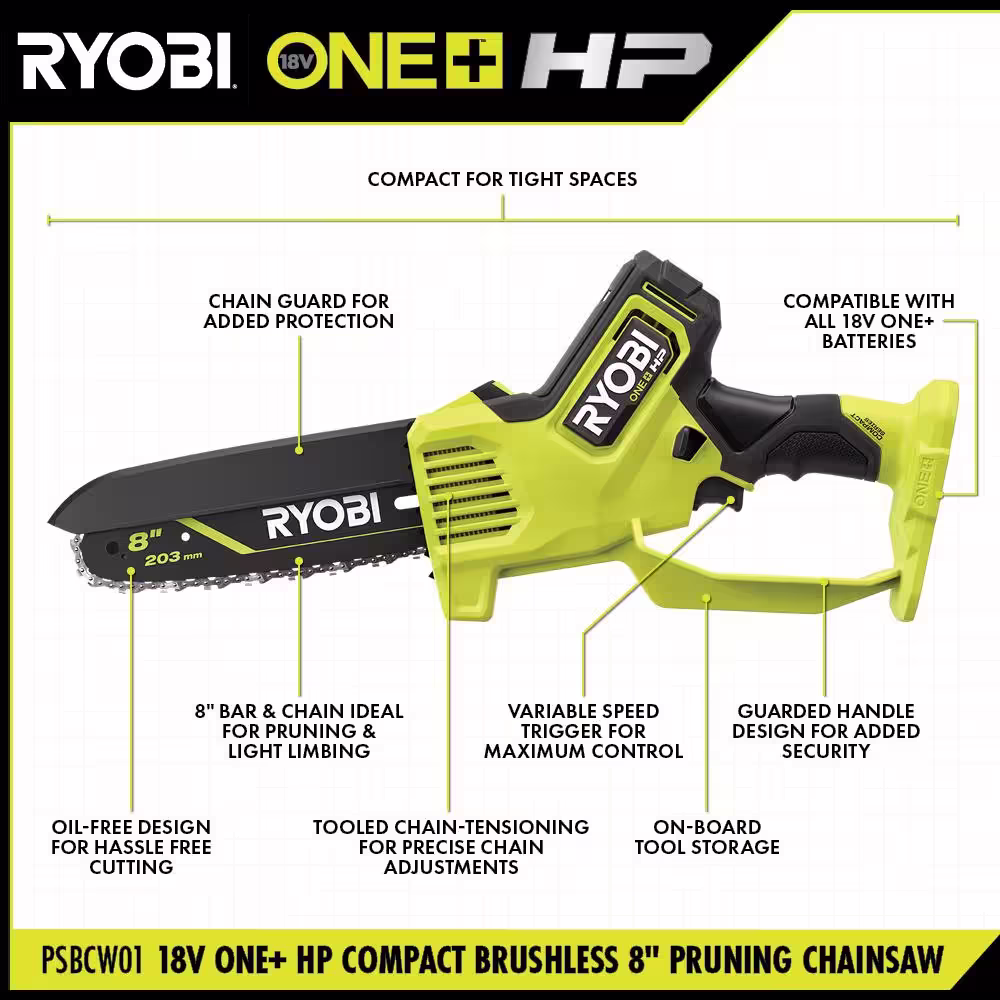 ONE+ HP 18V Brushless 8 in. Battery Compact Pruning Mini Chainsaw (Tool Only)