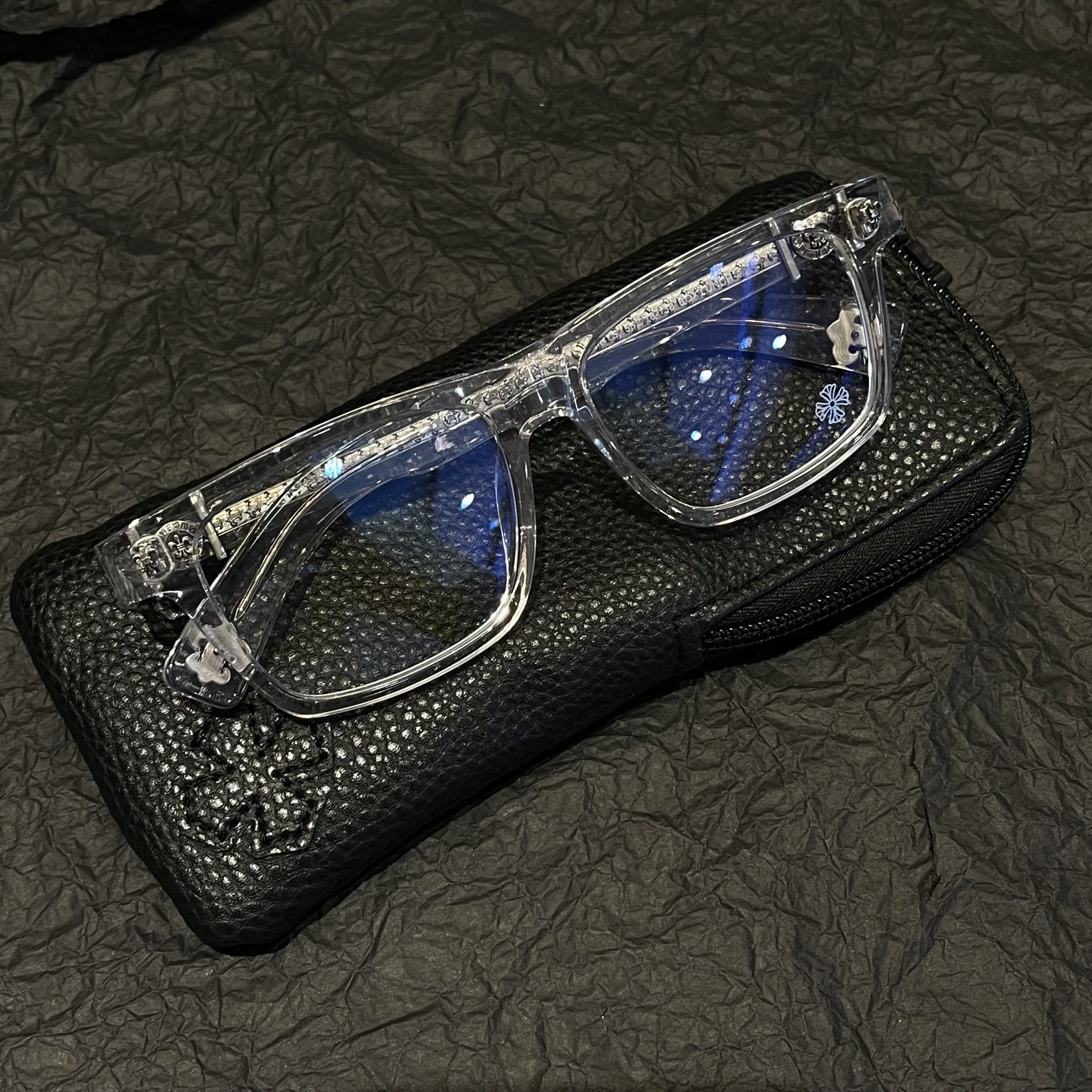 Chrome Hearts High Transparent Acetate Square Eyewear, Engraved Metal Temples, Retro Trendy Unisex Eyeglasses