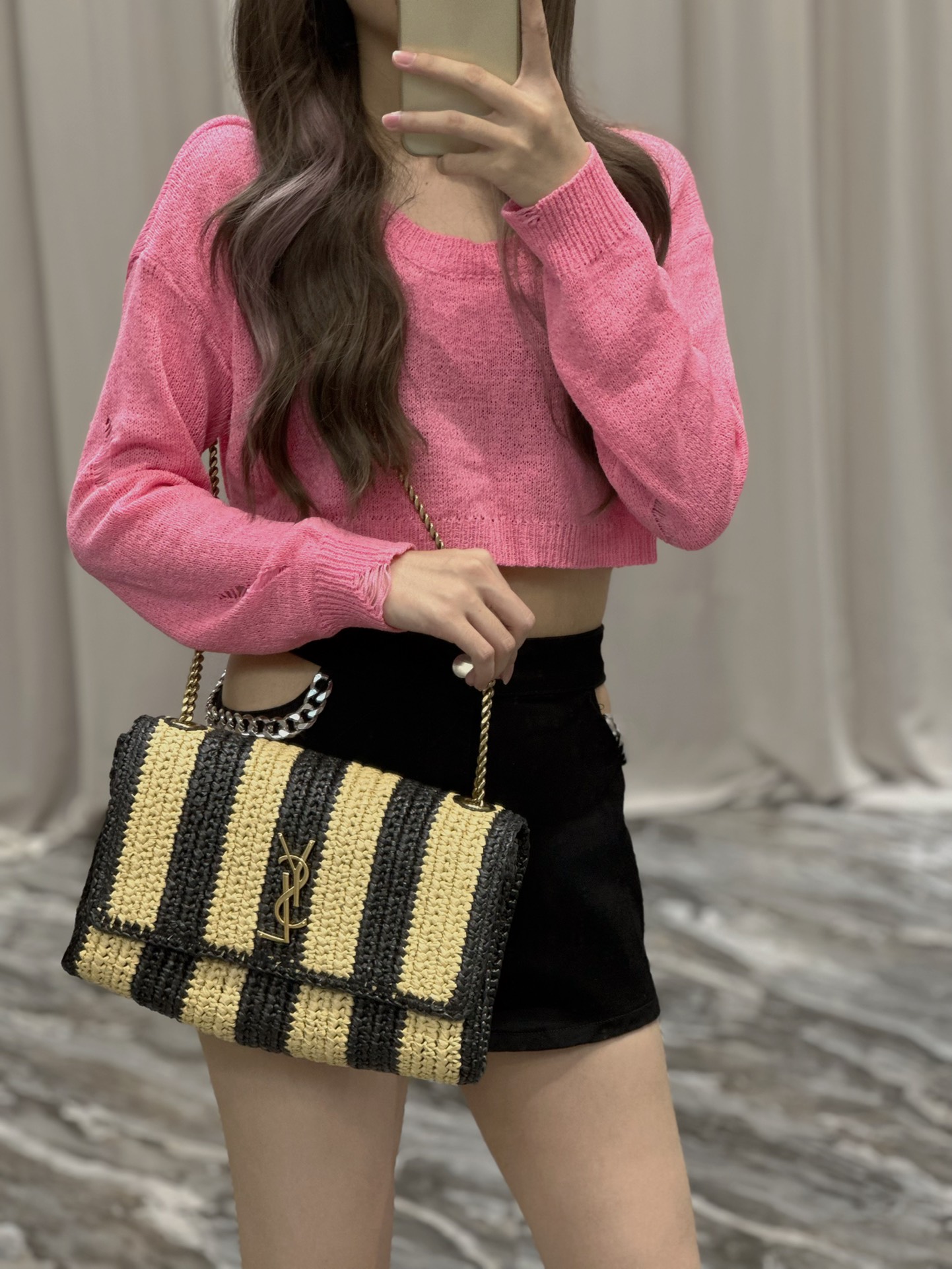 TOP Yves Saint Laurent YSL Kate Straw Woven Black Apricot Stripes Bag