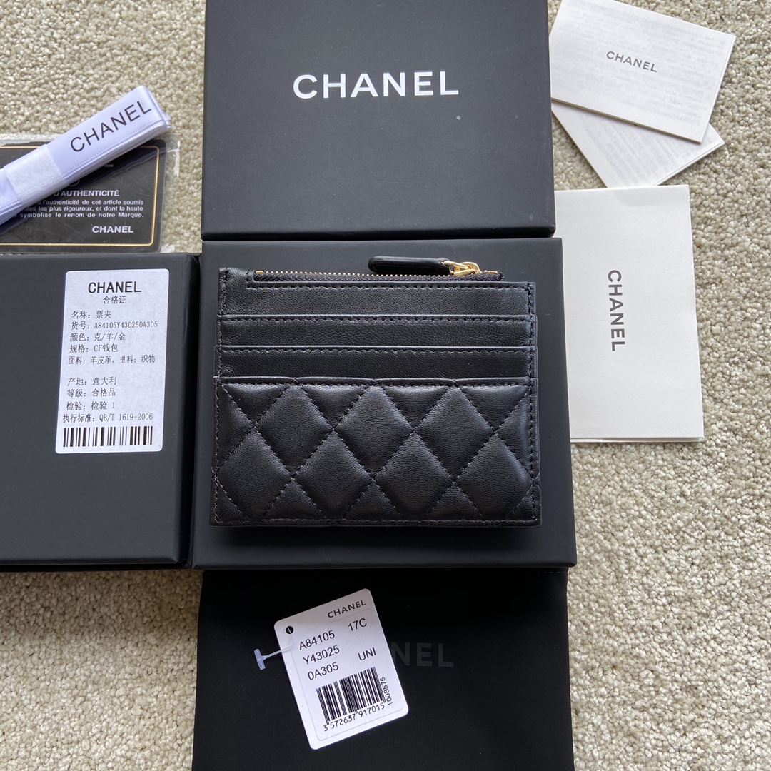 TOP CHANEL Cardholder Lambskin 11.5x9cm - Black & GHW/SHW