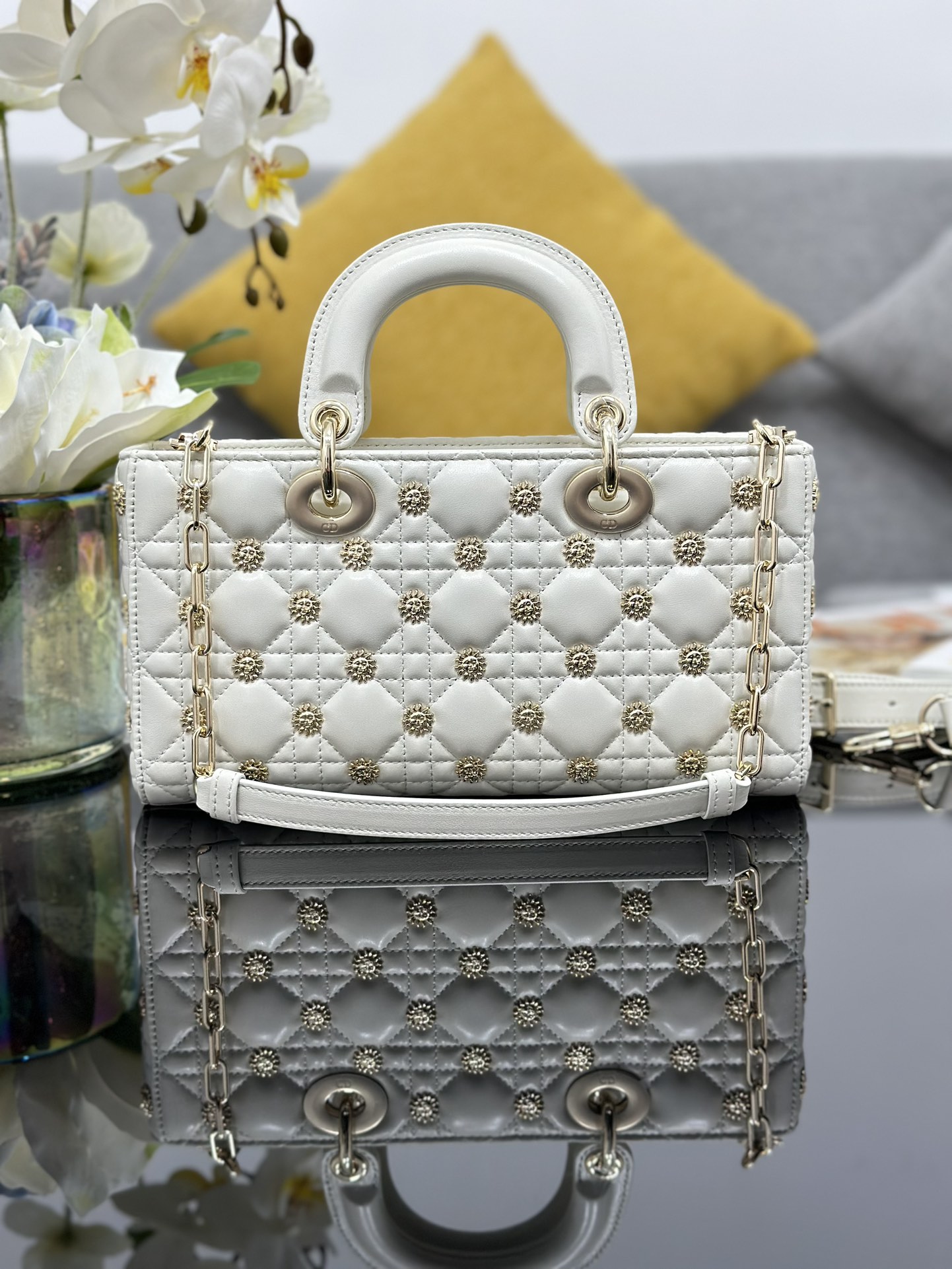 TOP Christian Dior Lambskin Sun Lady D-Joy Bags 26x13.5x5CM - White - GHW