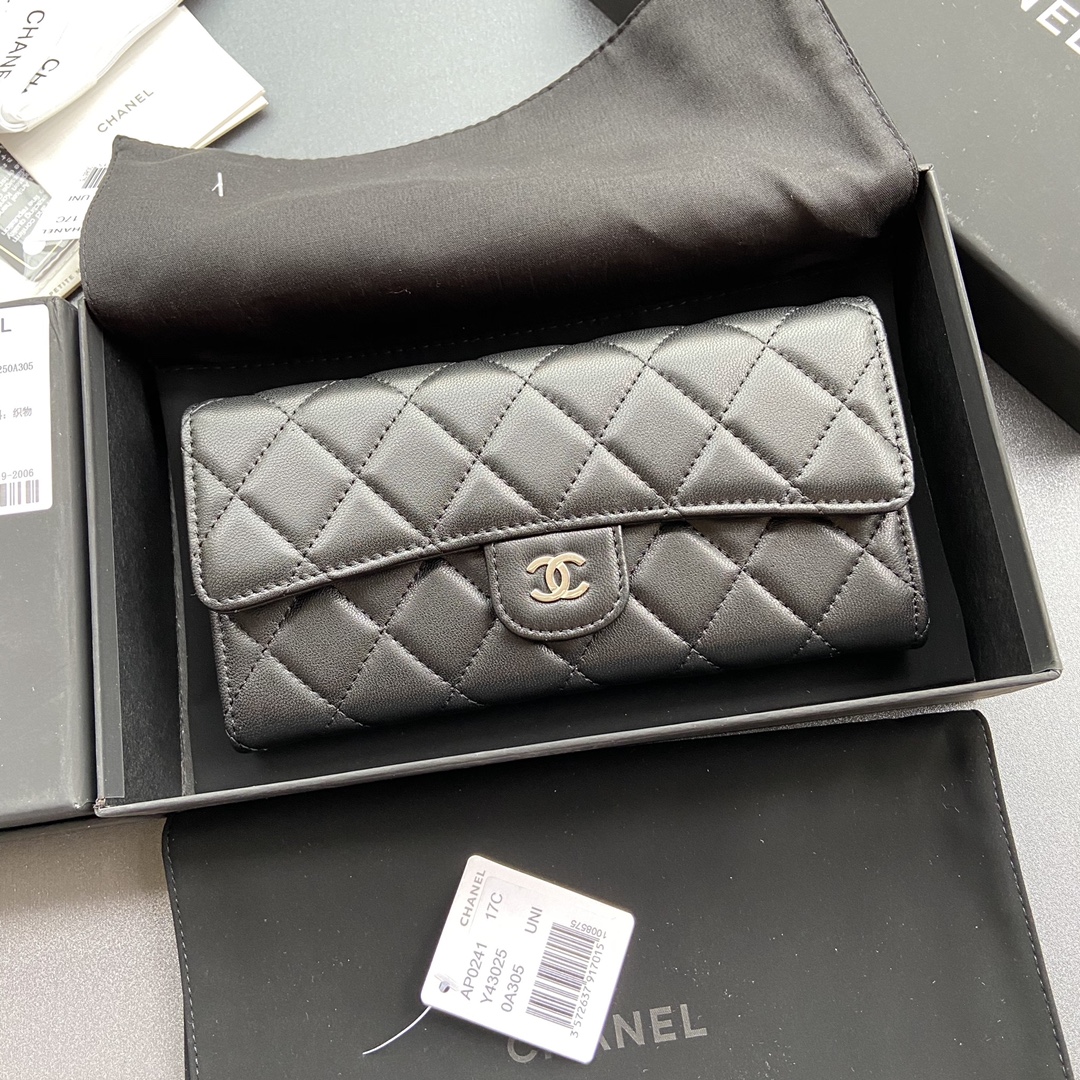 TOP CHANEL Long Folding Lambskin Wallet 19×10.5×3cm - Black & GHW/SHW
