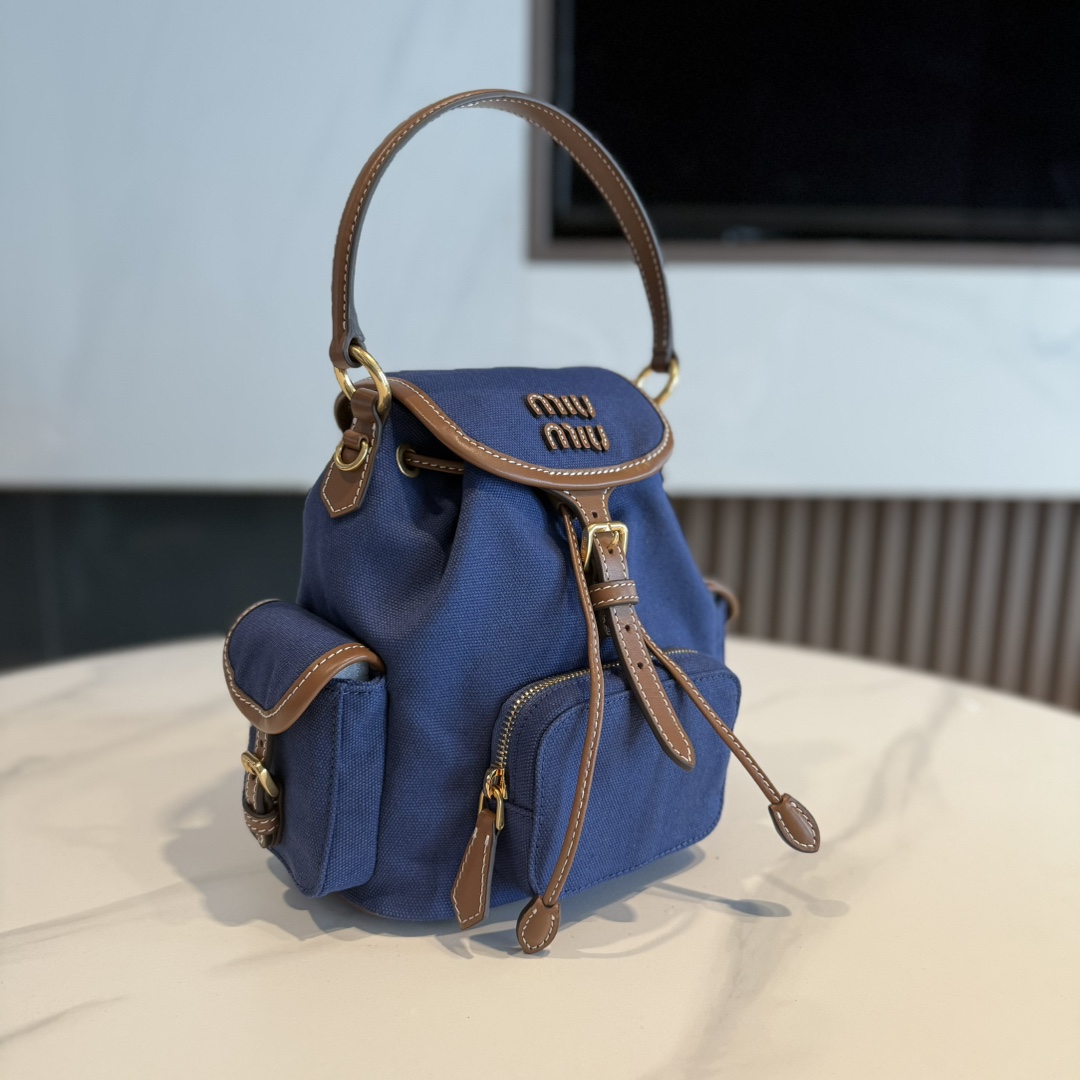TOP Miu Miu Backpack Canvas+Cowhide 22*18*11.5cm- Blue