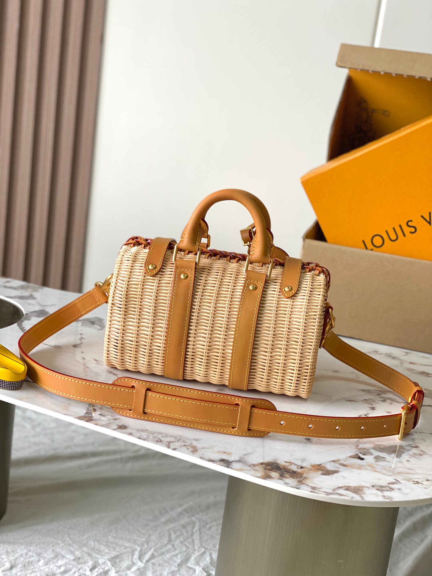 TOP Louis Vuitton LV Keepall Bandoulière 25 Rattan Handbag 25*15*11cm - Brown