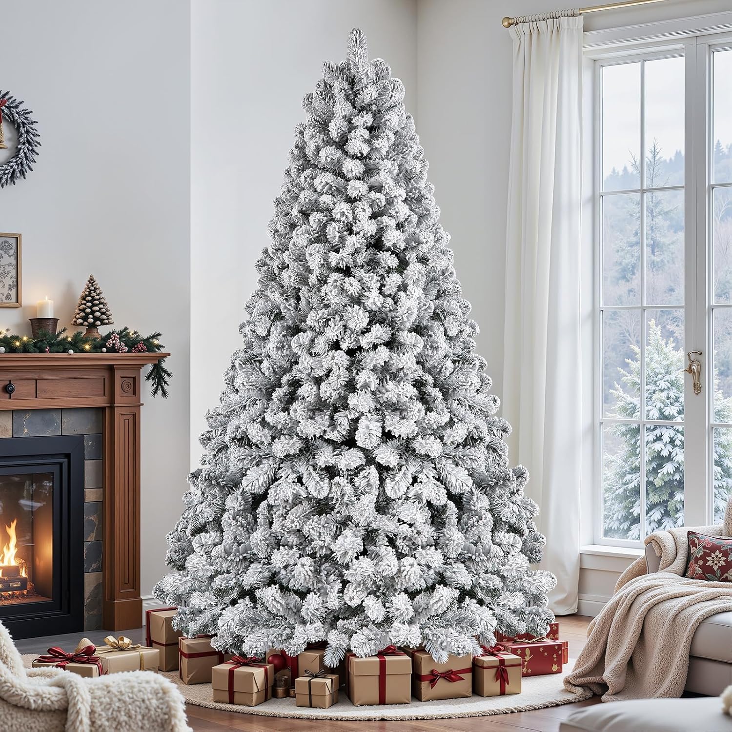 SHareconn 9ft Snow Flocked Spruce Pre-lit Artificial Christmas Tree, White