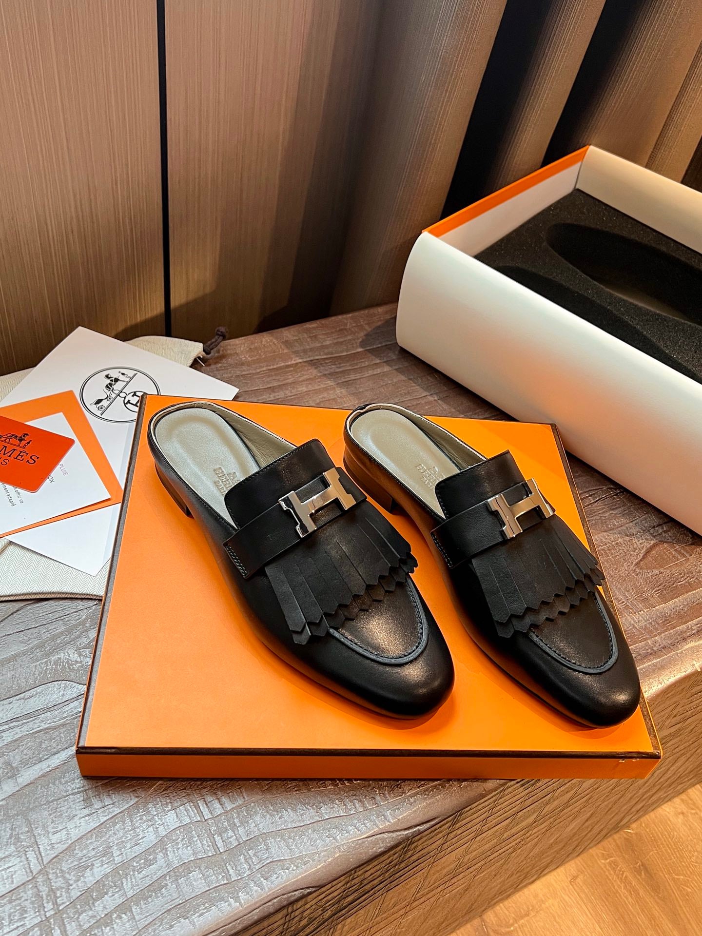 TOP HERMES Rivoli Mules - Black & SHW