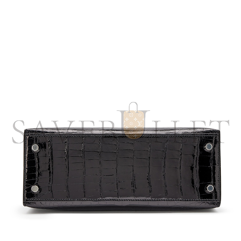 HERMÈS BLACK SHINY ALLIGATOR KELLY 25 SELLIER PALLADIUM HARDWARE (25*17*7cm)