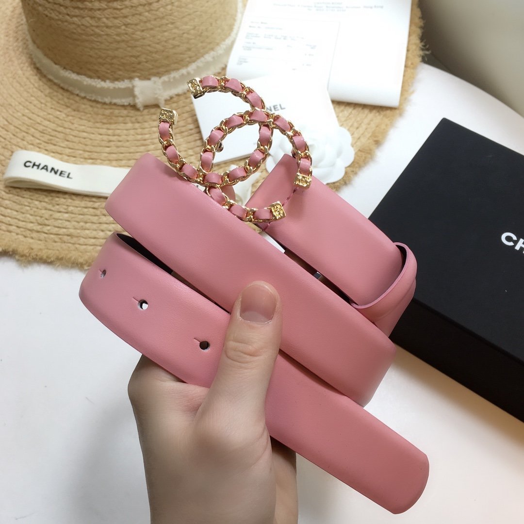 Chanel Belt With Double C Buckle Pink with Gold mix Pink Hardware Women Belt 30MM