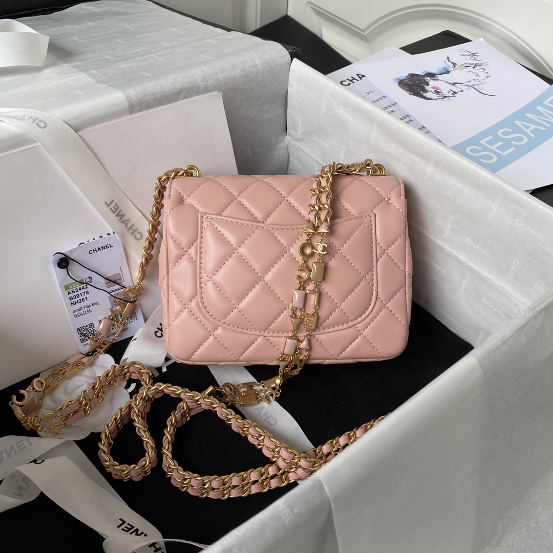 TOP CHANEL Flap Bag with Enamel Vintage Chain 16x12x5cm/20.5x17x6.5cm - Pink