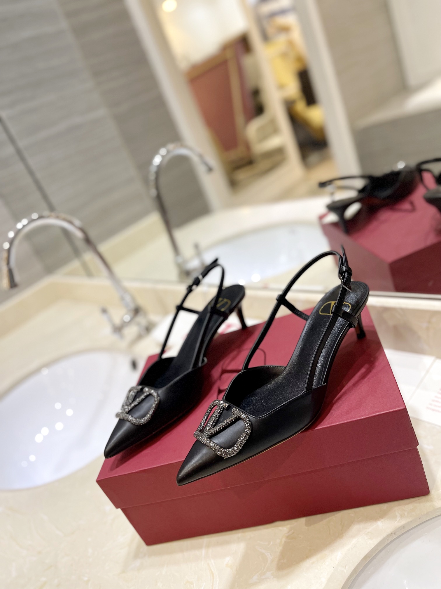 TOP VALENTINO Crystal Diamond Buckle High Heels - Black