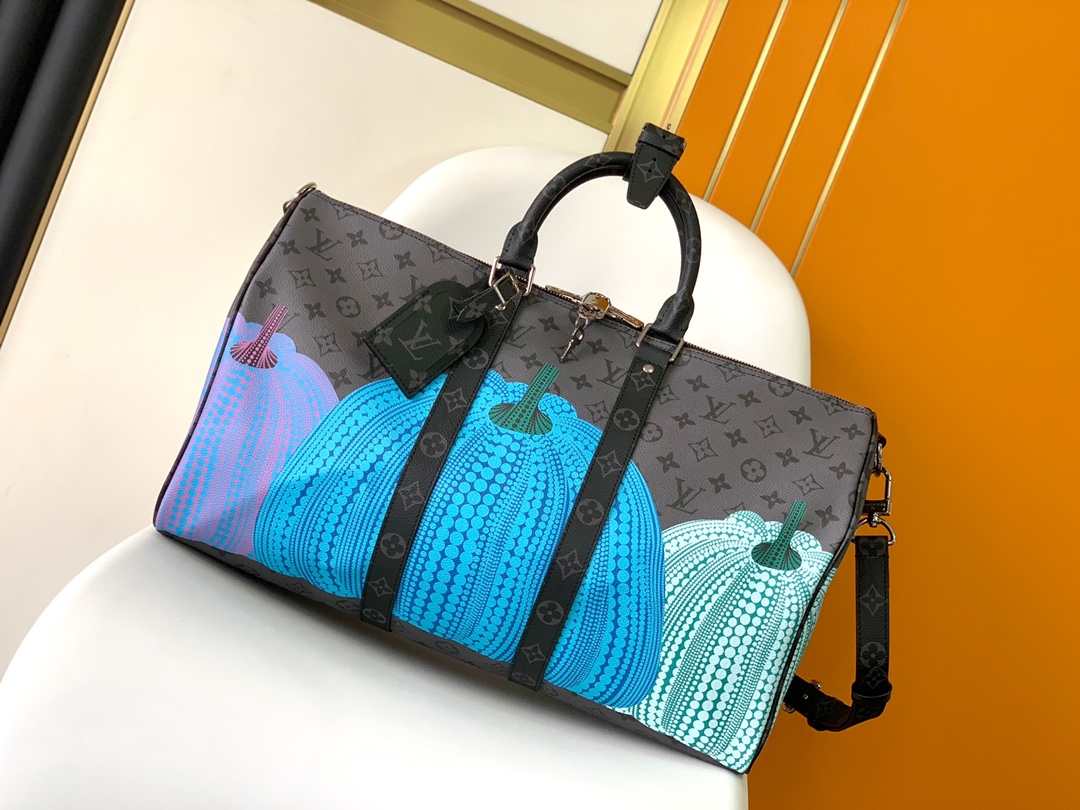 TOP Louis Vuitton LV Keepall Pumpkin Travel Bag Series 45x27x20cm - Black&SHW