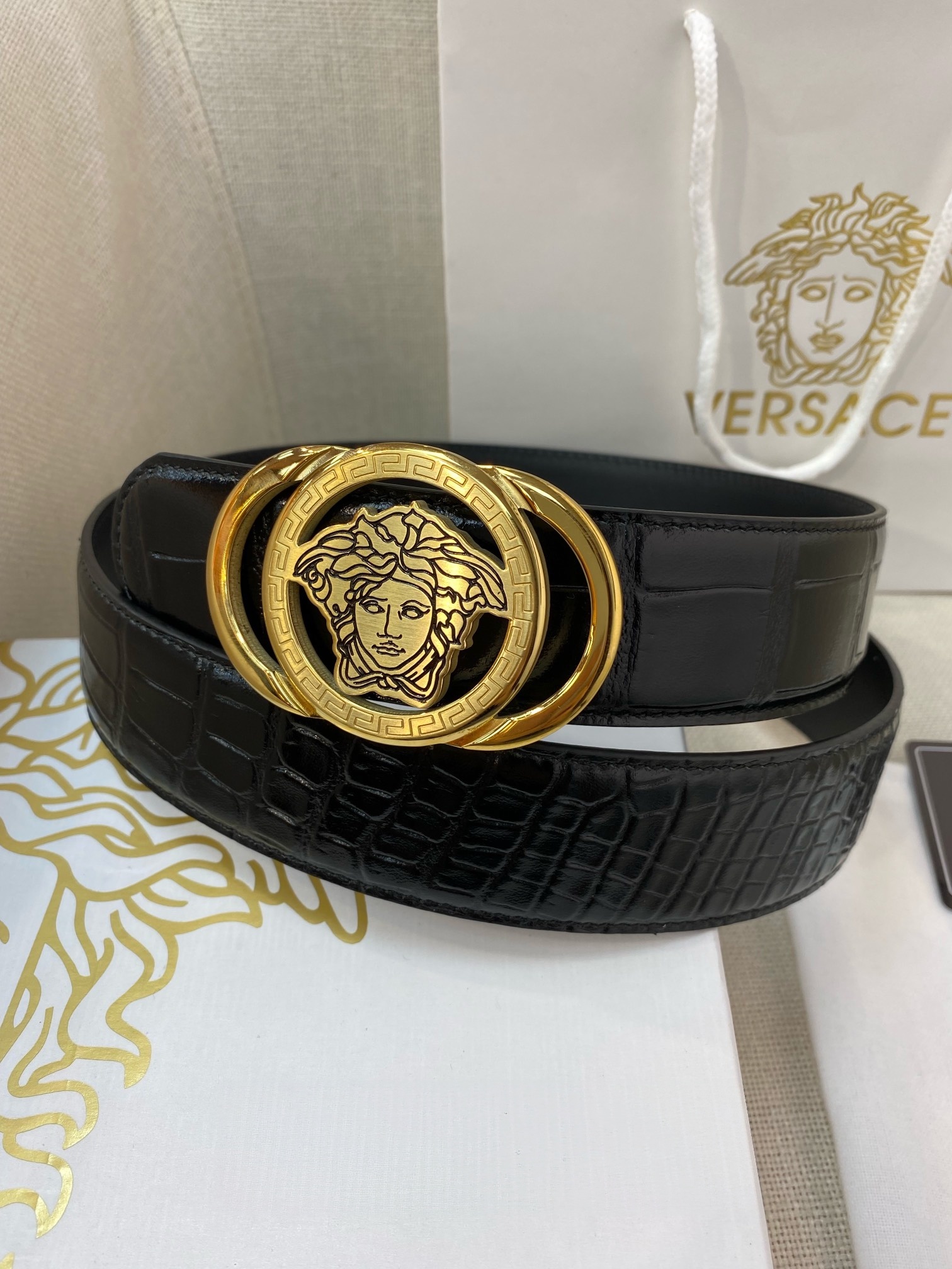 VERSACE Double Ring Medusa Automatic Buckle Belt, Crocodile Embossed Leather Belt For Men