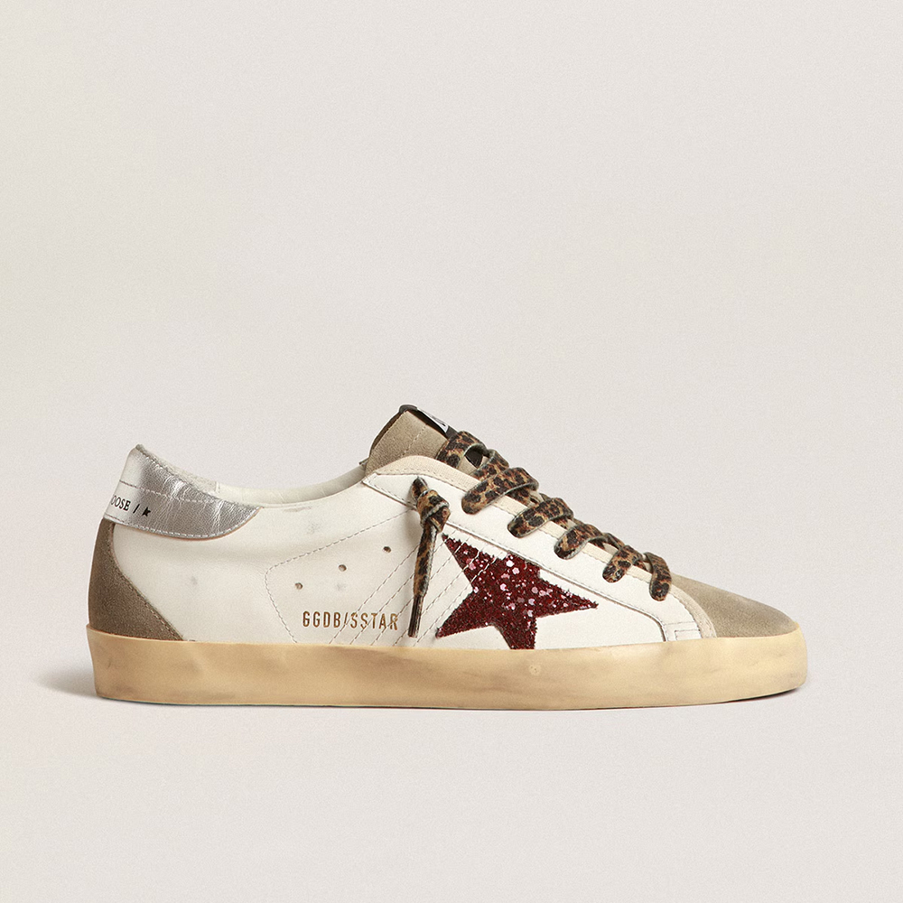 Golden Goose Super-Star with burgundy glitter star and silver heel tab (Replica)