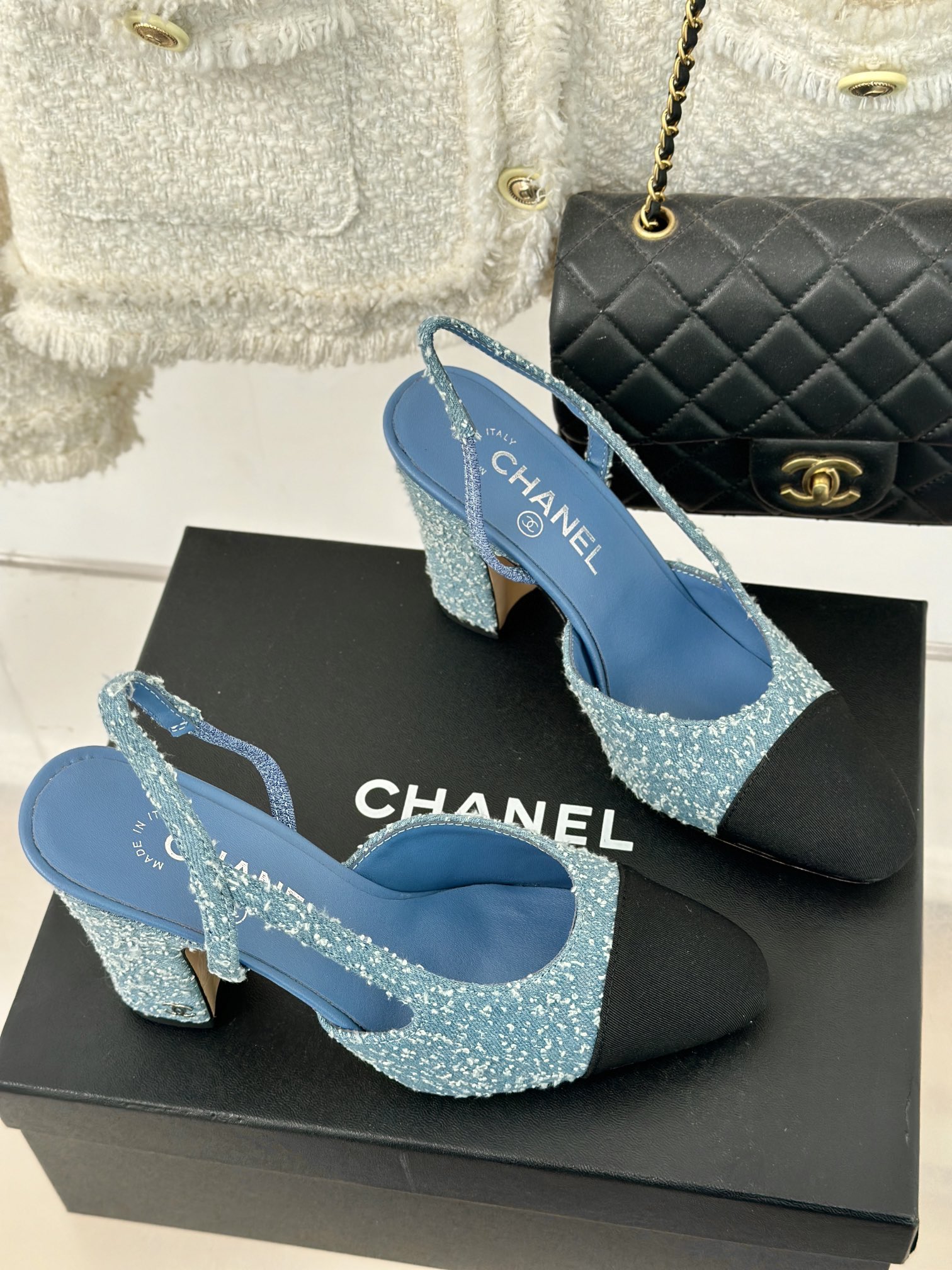 TOP CHANEL Denim High Heel Mules - Blue