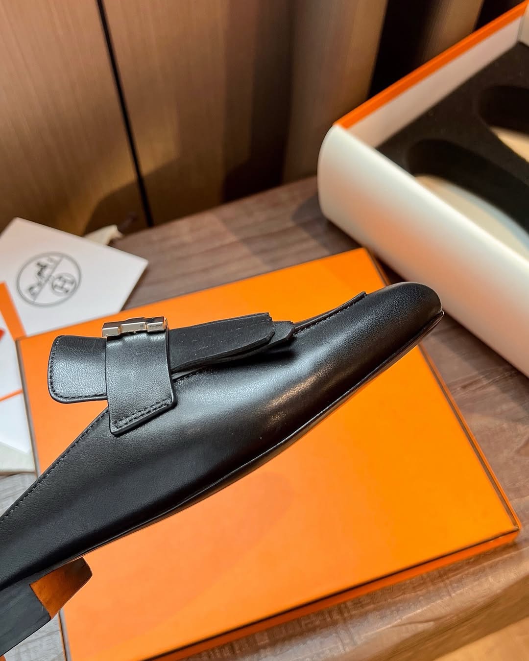 TOP HERMES Rivoli Mules - Black & SHW