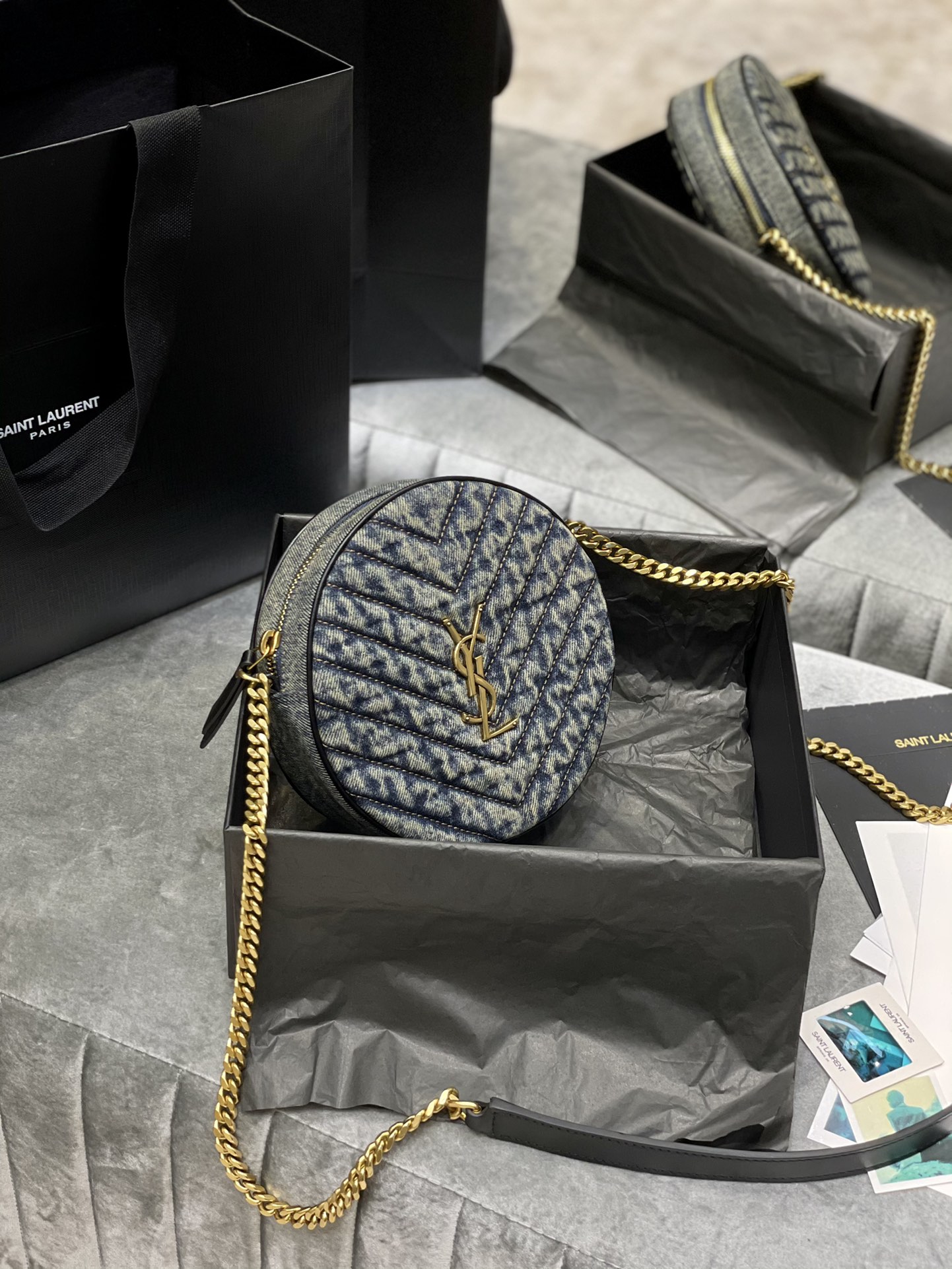 TOP Yves Saint Laurent YSL VINYLE Bag 17cm - Denim Blue - Black Shoulder Strap