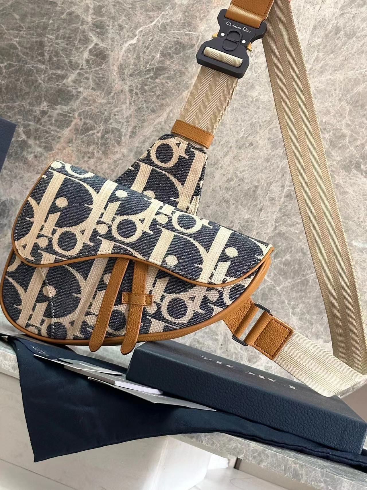 TOP Christian Dior Saddle Bag Raffia 27x20x5cm - Blue and Beige