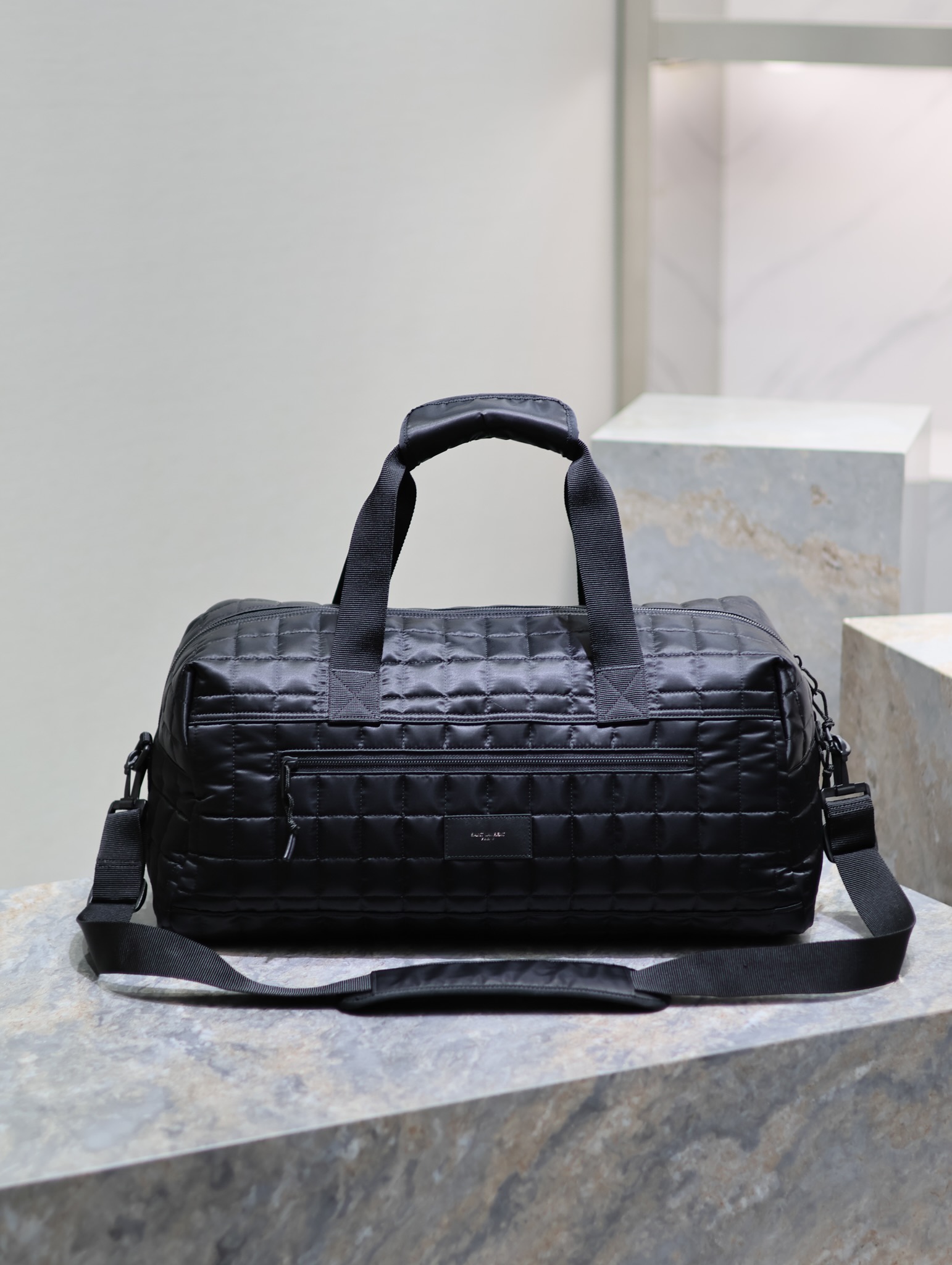 TOP Yves Saint Laurent YSL Nylon Plaid Travel Handbag - Black