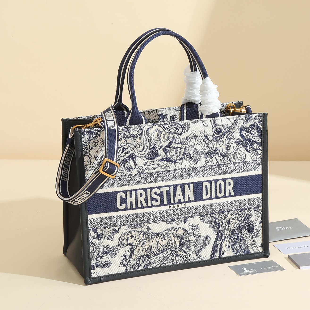 TOP Christian Dior Book Tote Bag Tiger 26.5x21x14cm/36x27x16.2cm - Navy Blue