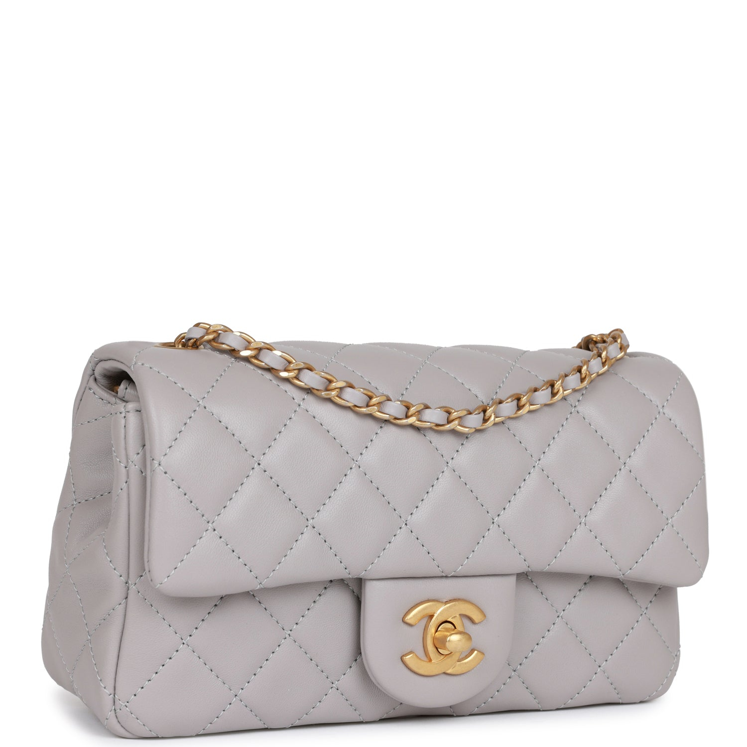 Chanel Classic Flag Bag Pearl Crush Mini Rectangular Flap Bag Light Grey   Antique Gold Hardware(7A regular version)