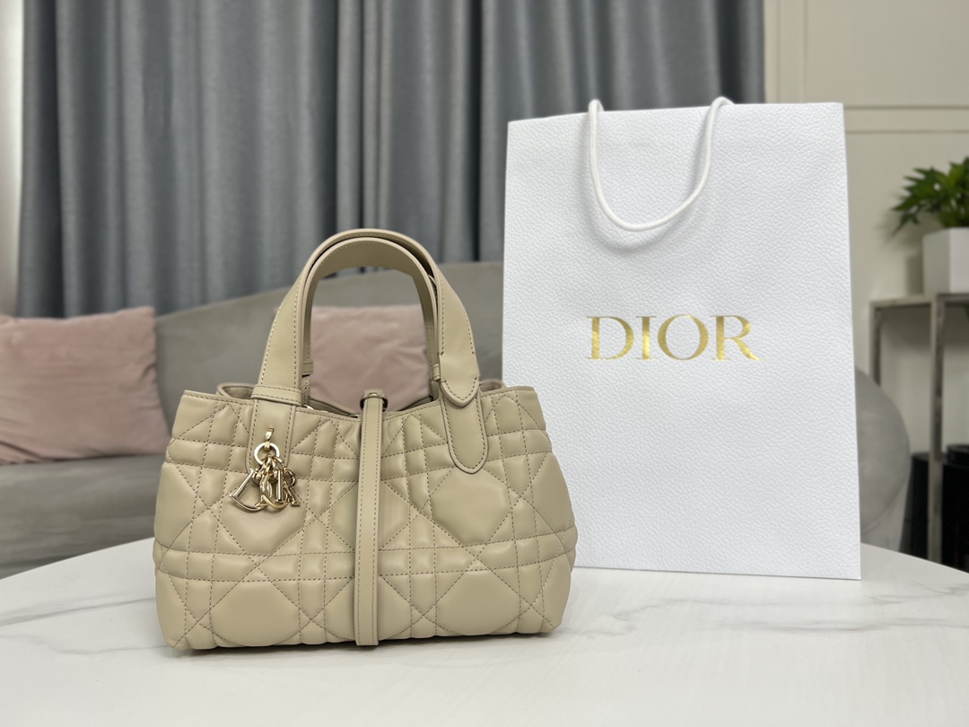 TOP Christian Dior Toujours Handbag Cow Leather 23x15x15cm/28x19x21.5cm - Apricot