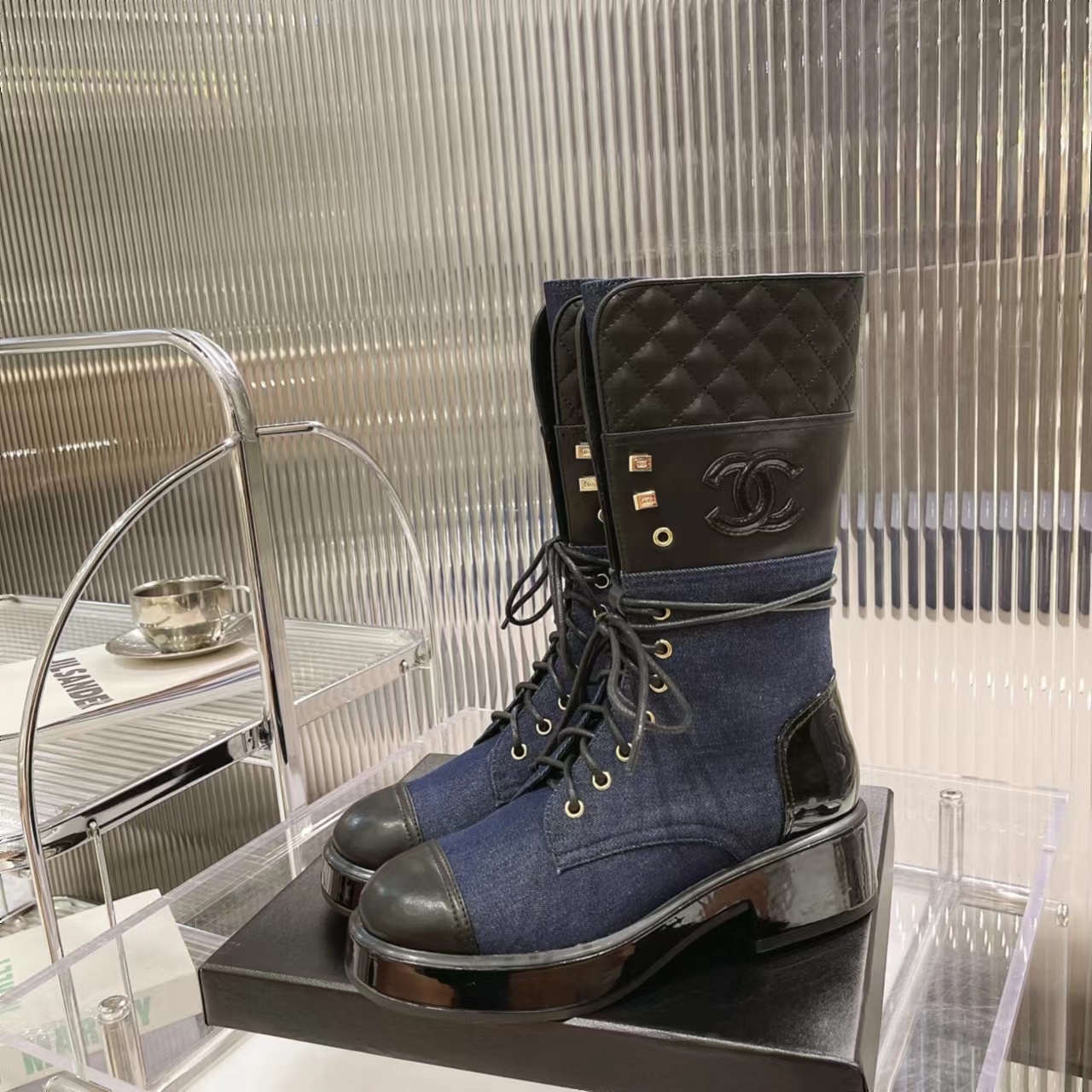 TOP CHANEL CC Denim/Leather Martin Boots - 3 Color