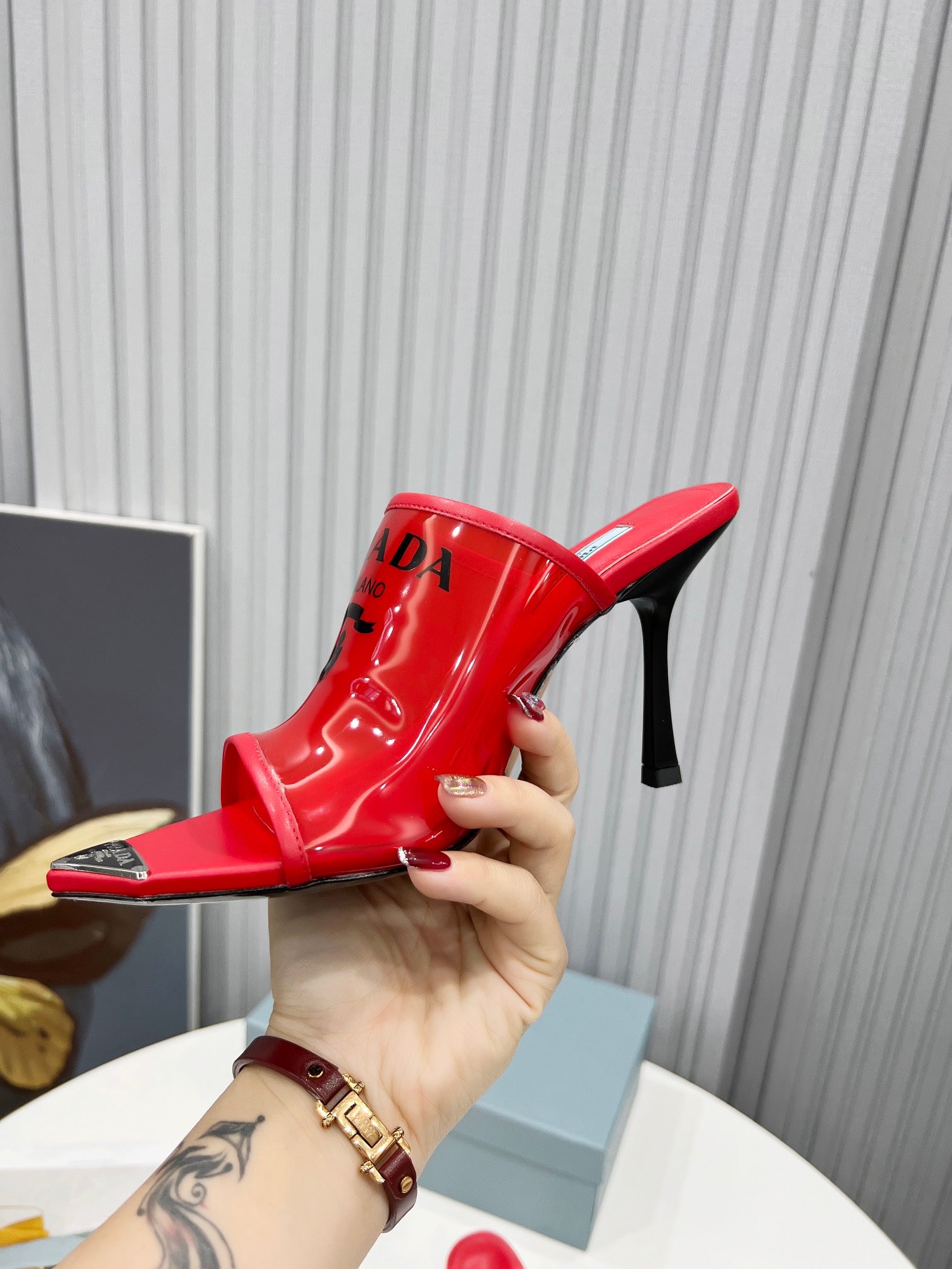 TOP PRADA Logo-print Plexiglas High-heel Slides - Red