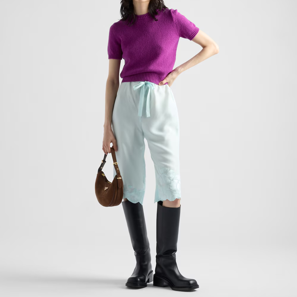 Prada Women's Brown Arqué Suede Moon Shoulder Bag （10A Mirror Version）