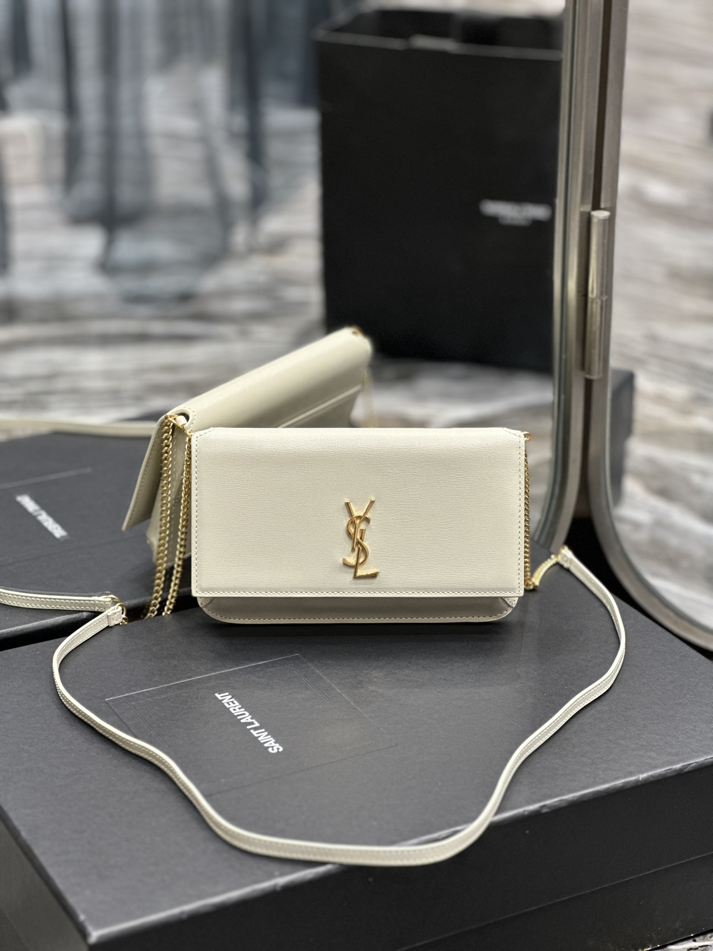 TOP Yves Saint Laurent YSL Monogram Phone Holder MINI Bag - White & GHW - Hand Rubbing
