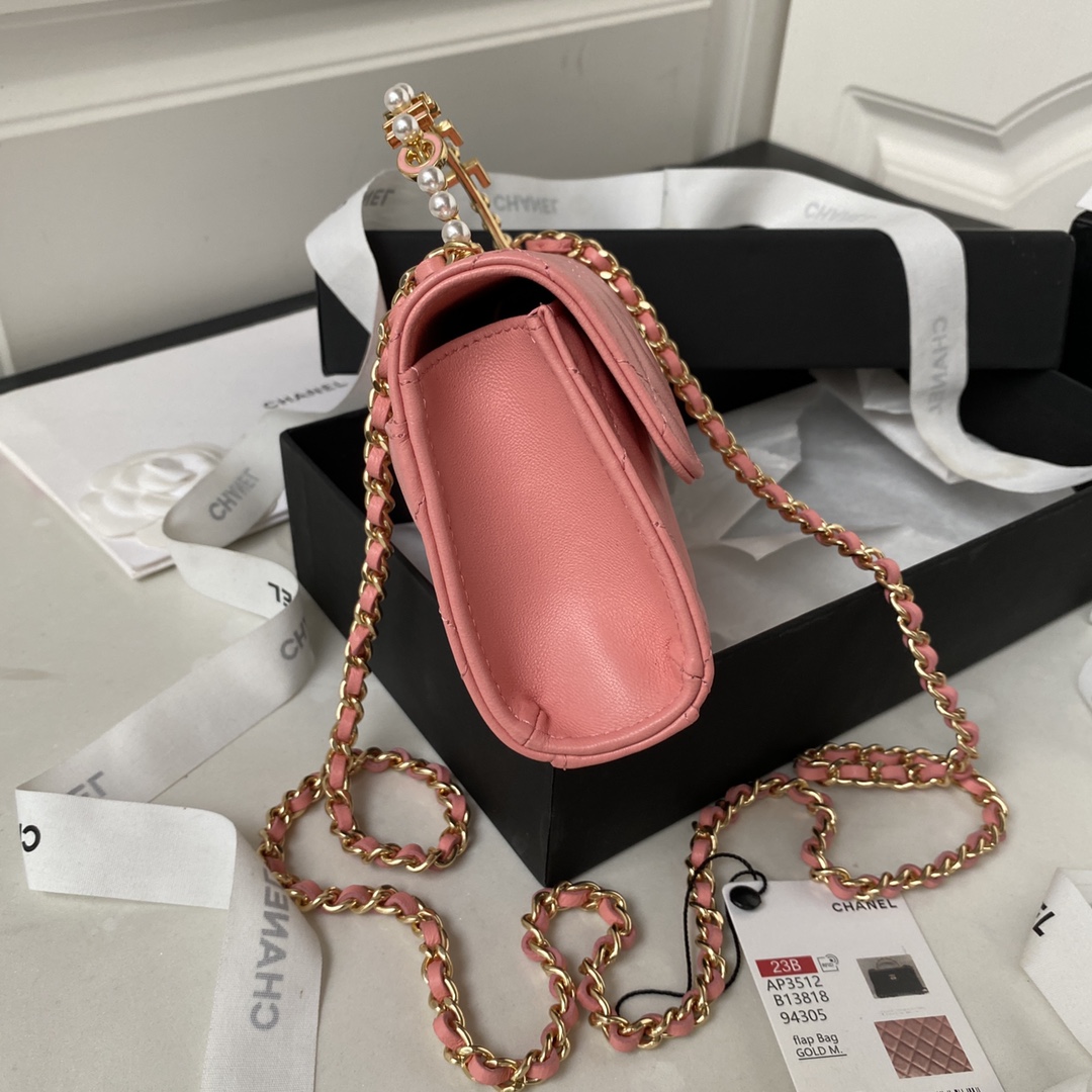 TOP CHANEL Flap Kelly Enamel Pearl Wrist Chain Bag Enamel Top Handle 10×18×4.5cm - Red